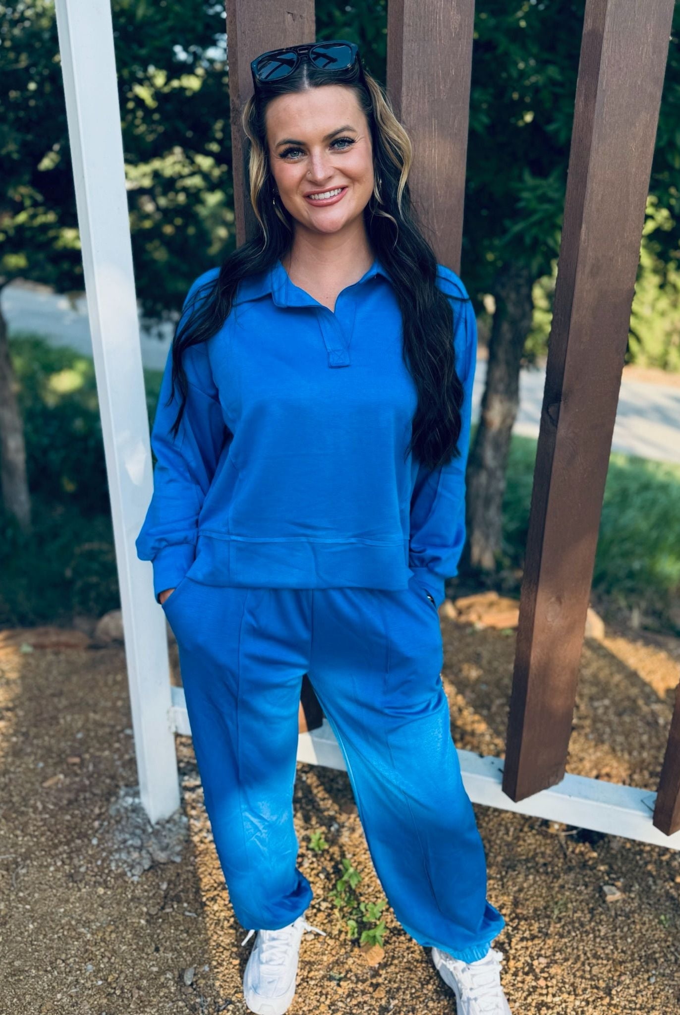 LUXE KNIT OCEAN BLUE MATCHING SET WITH JOGGERS AND POLO STYLE TOP - Large