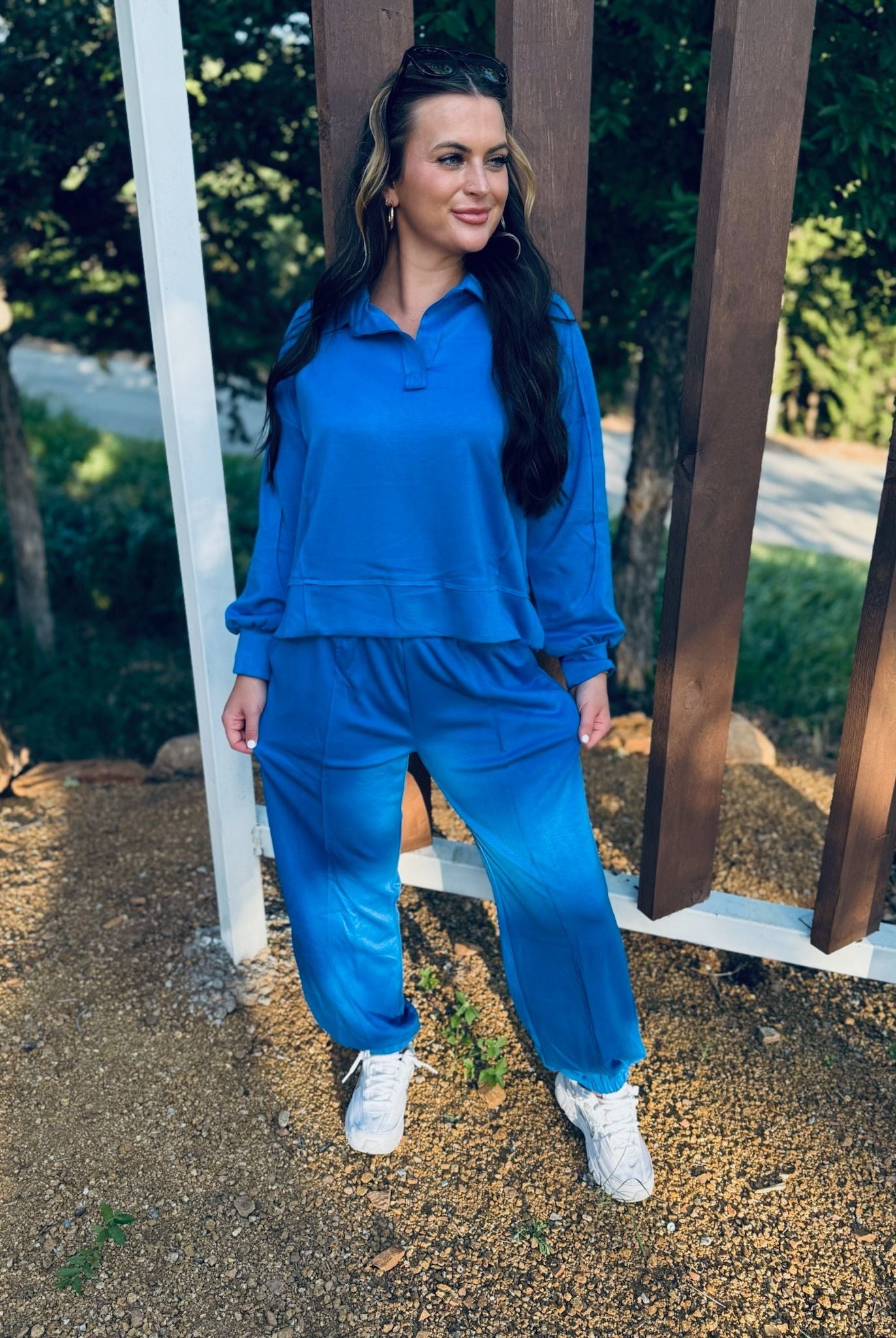 LUXE KNIT OCEAN BLUE MATCHING SET WITH JOGGERS AND POLO STYLE TOP - Small