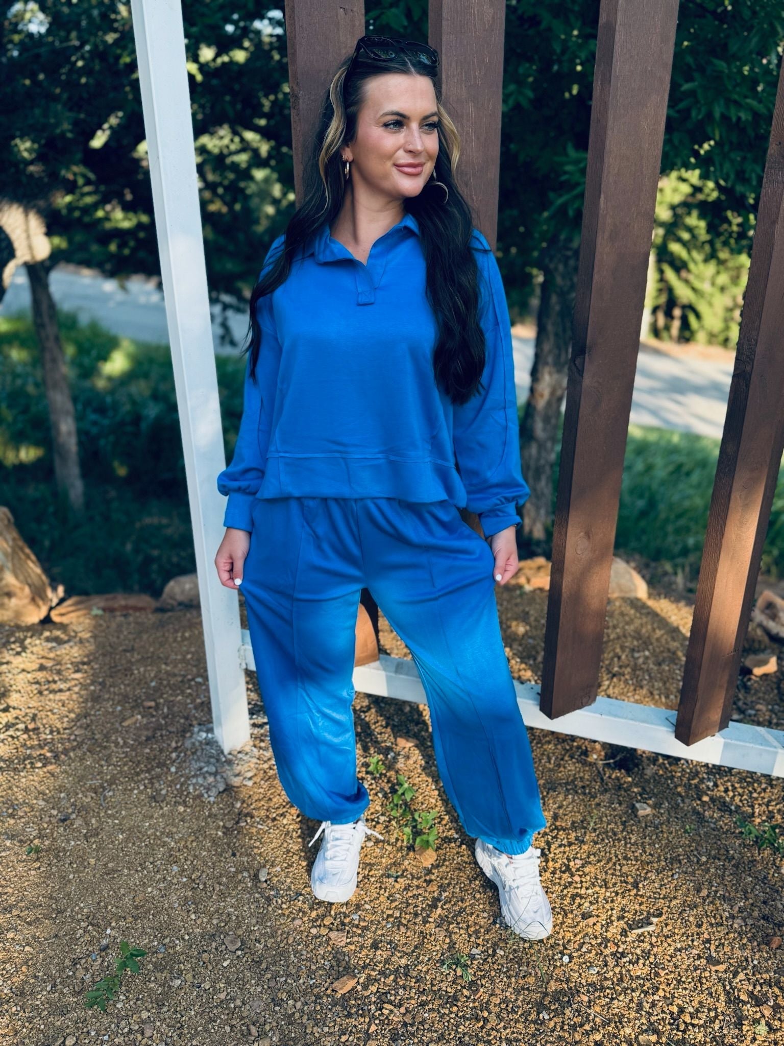 LUXE KNIT OCEAN BLUE MATCHING SET WITH JOGGERS AND POLO STYLE TOP - Small