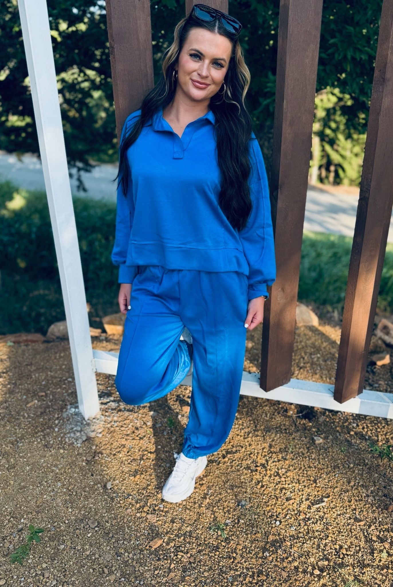 LUXE KNIT OCEAN BLUE MATCHING SET WITH JOGGERS AND POLO STYLE TOP