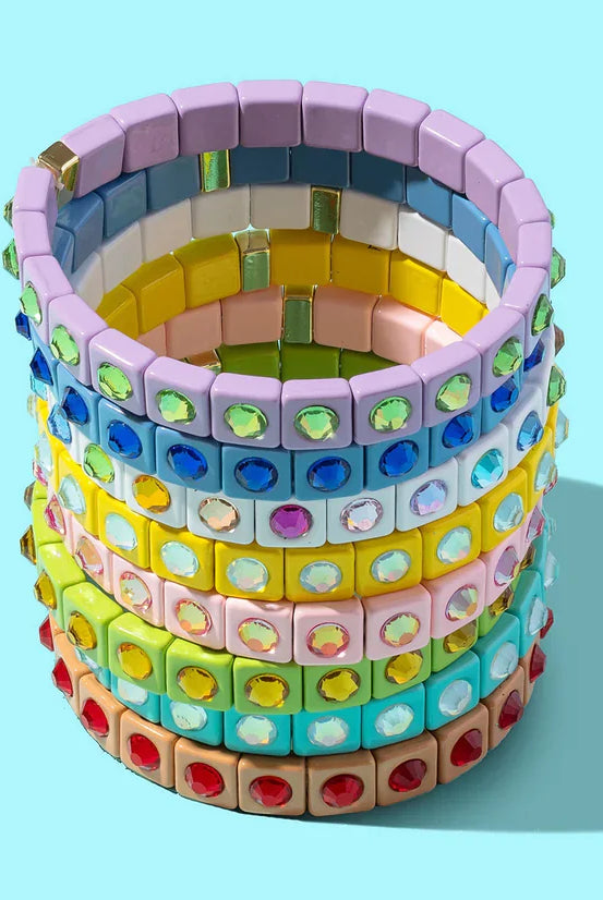 Maeve Enamel Bracelet - Elegant Stretch Bracelet showcasing chic painted enamel with square stone accents, perfect for wearing alone or stacking.