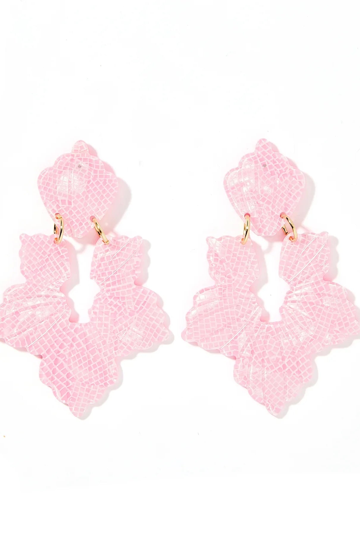Michelle Statement Earrings - Disco Pink featuring a 75mm shell-inspired design with a light pink metallic shimmer, perfect for adding sparkle to any outfit.