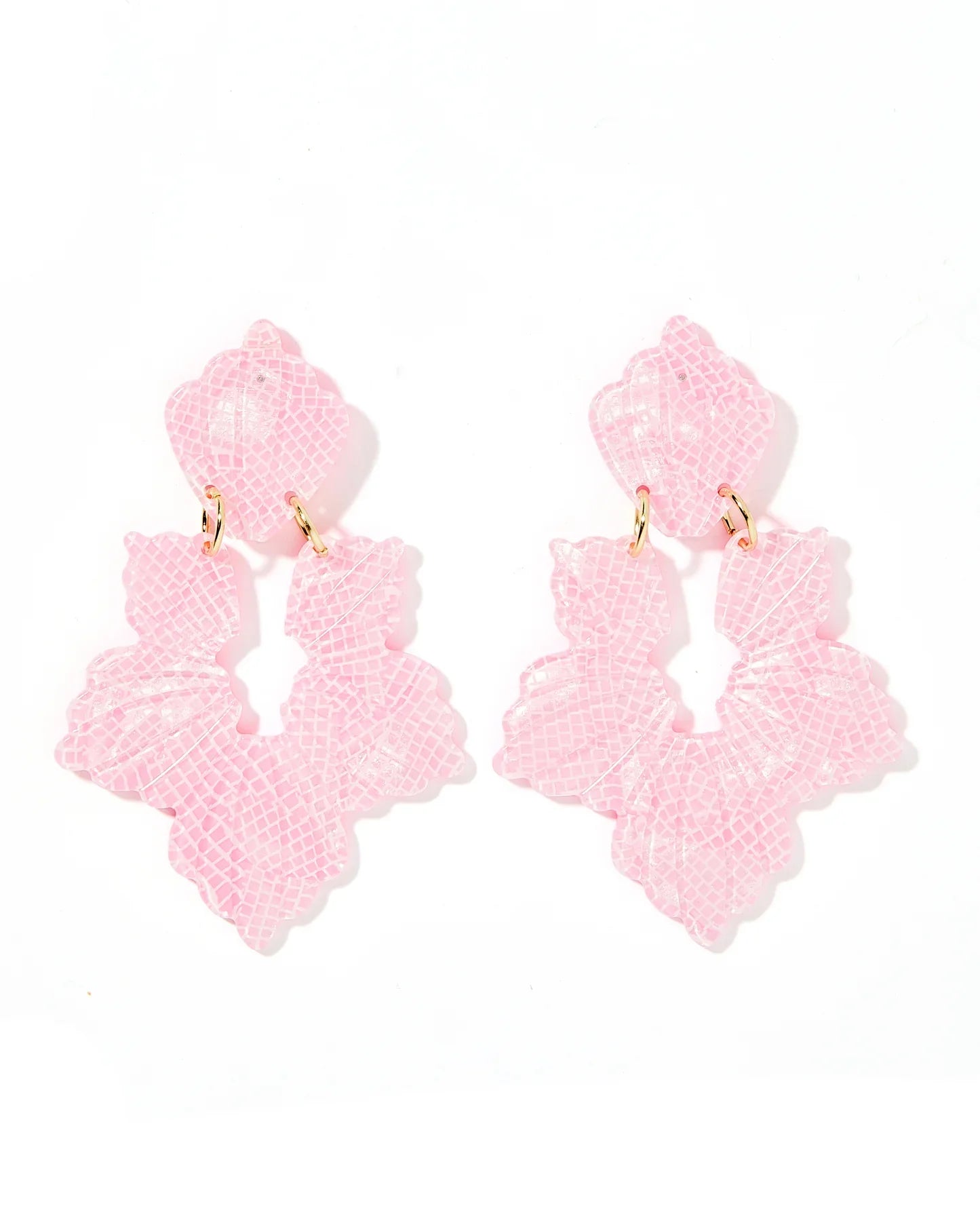 Michelle Statement Earrings - Disco Pink featuring a 75mm shell-inspired design with a light pink metallic shimmer, perfect for adding sparkle to any outfit.