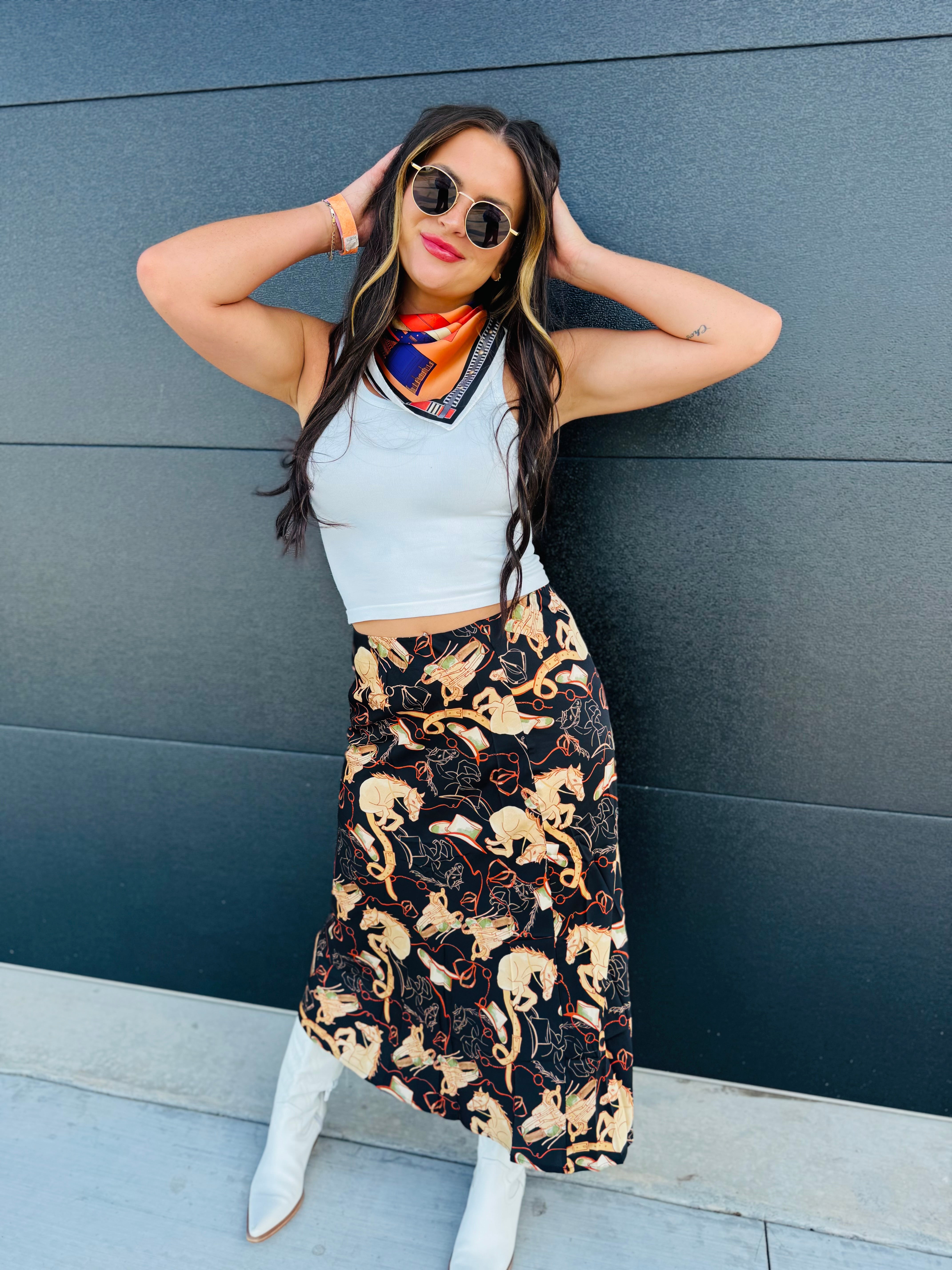 MULTI PRINT BLACK EQUESTRIAN SKIRT - Bottoms