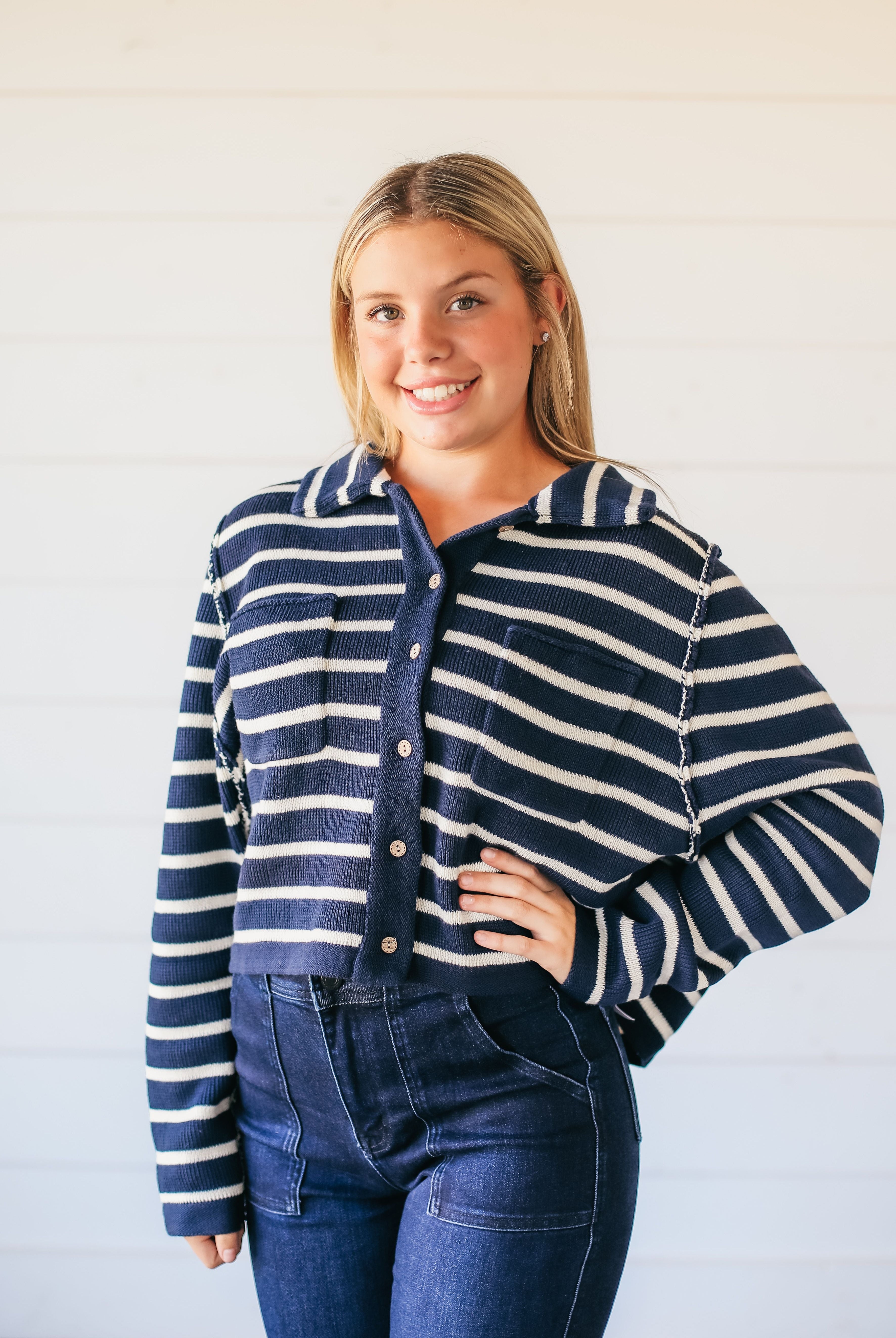 NAVY COLLARED STRIPED BUTTON DOWN SWEATER - Tops