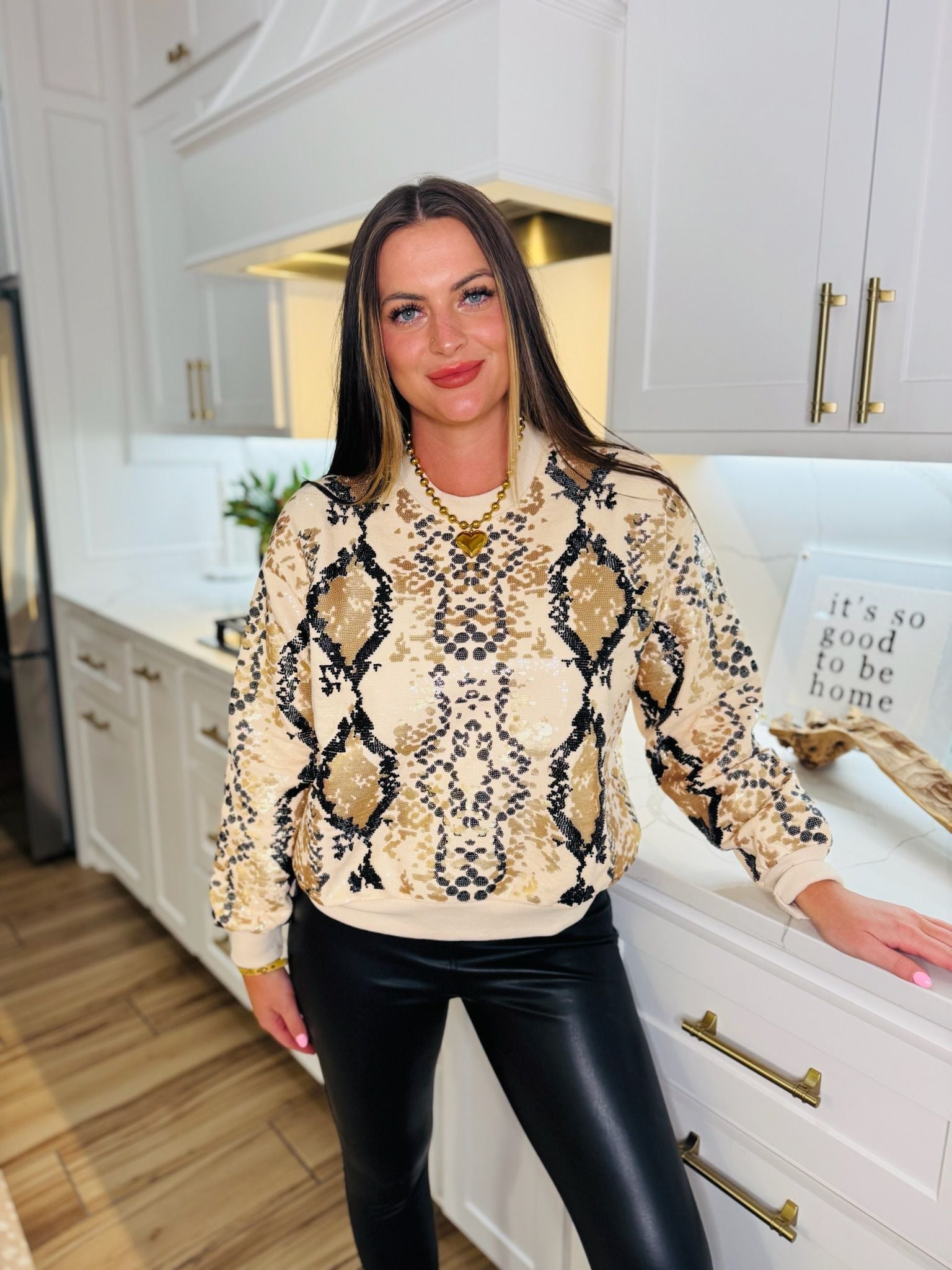 NEUTRAL AND BLACK PYTHON PRINT QUEEN OF SPARKLES SWEATSHIRT - Tops