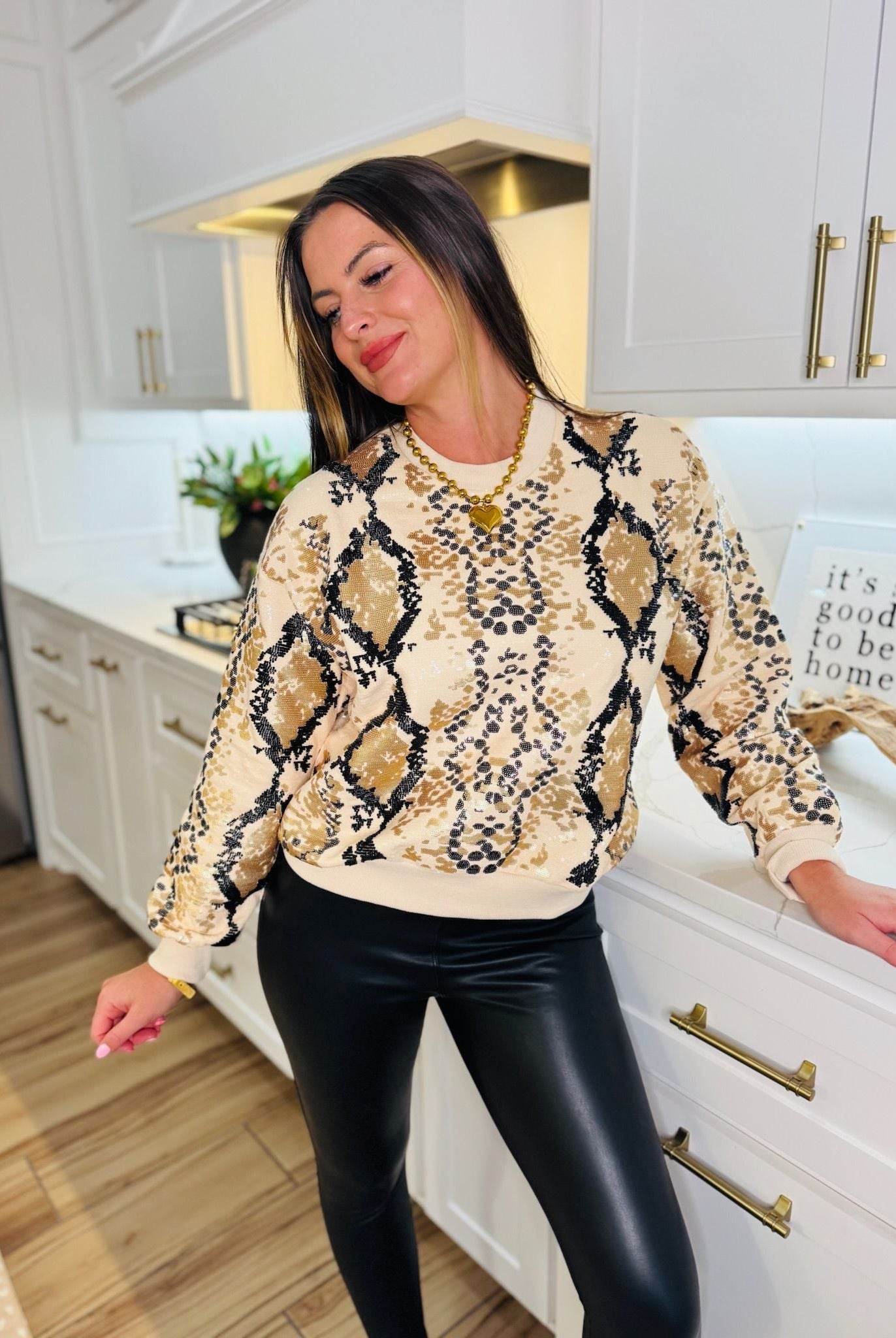 NEUTRAL AND BLACK PYTHON PRINT QUEEN OF SPARKLES SWEATSHIRT - Tops