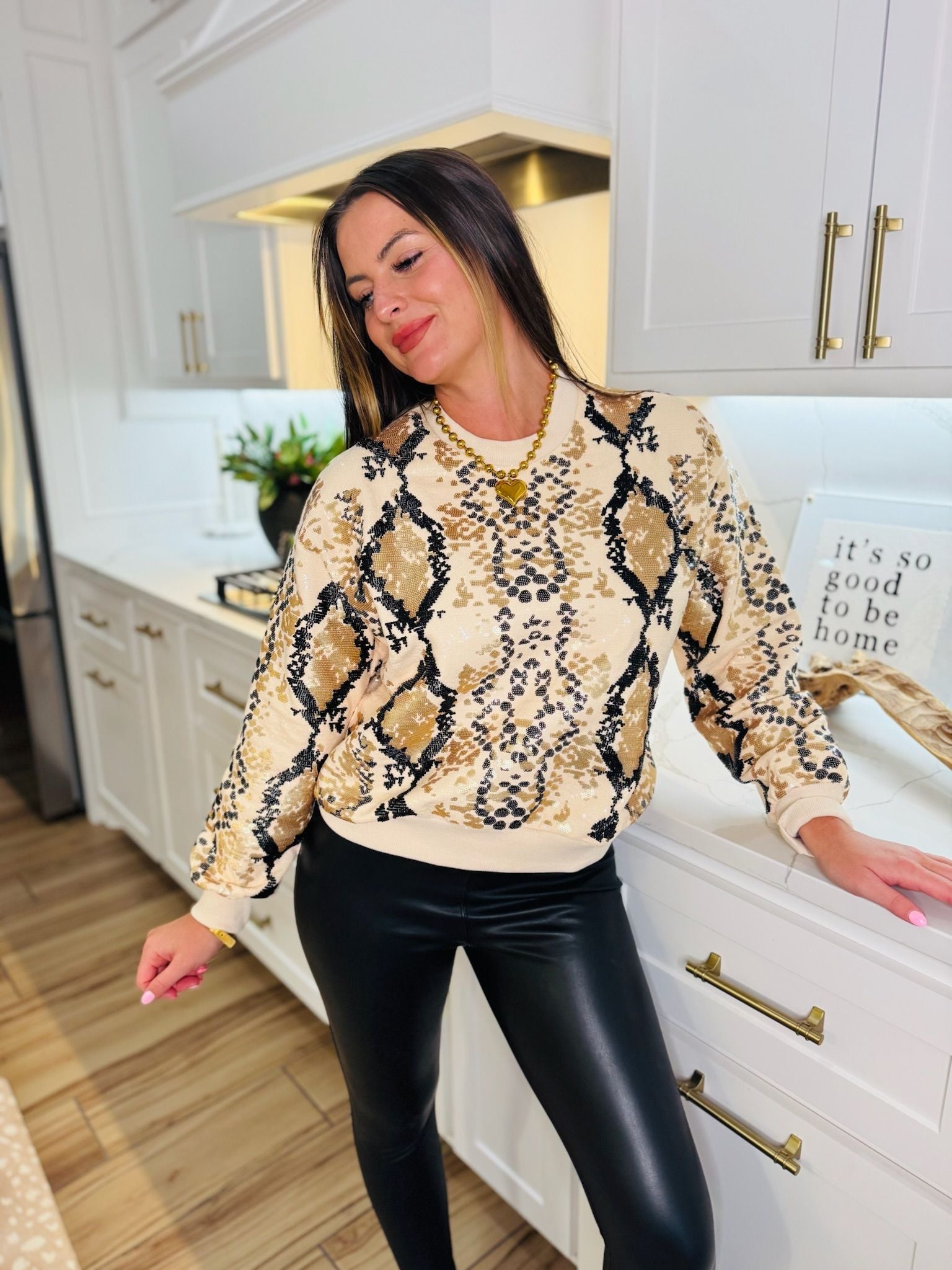 NEUTRAL AND BLACK PYTHON PRINT QUEEN OF SPARKLES SWEATSHIRT - Tops