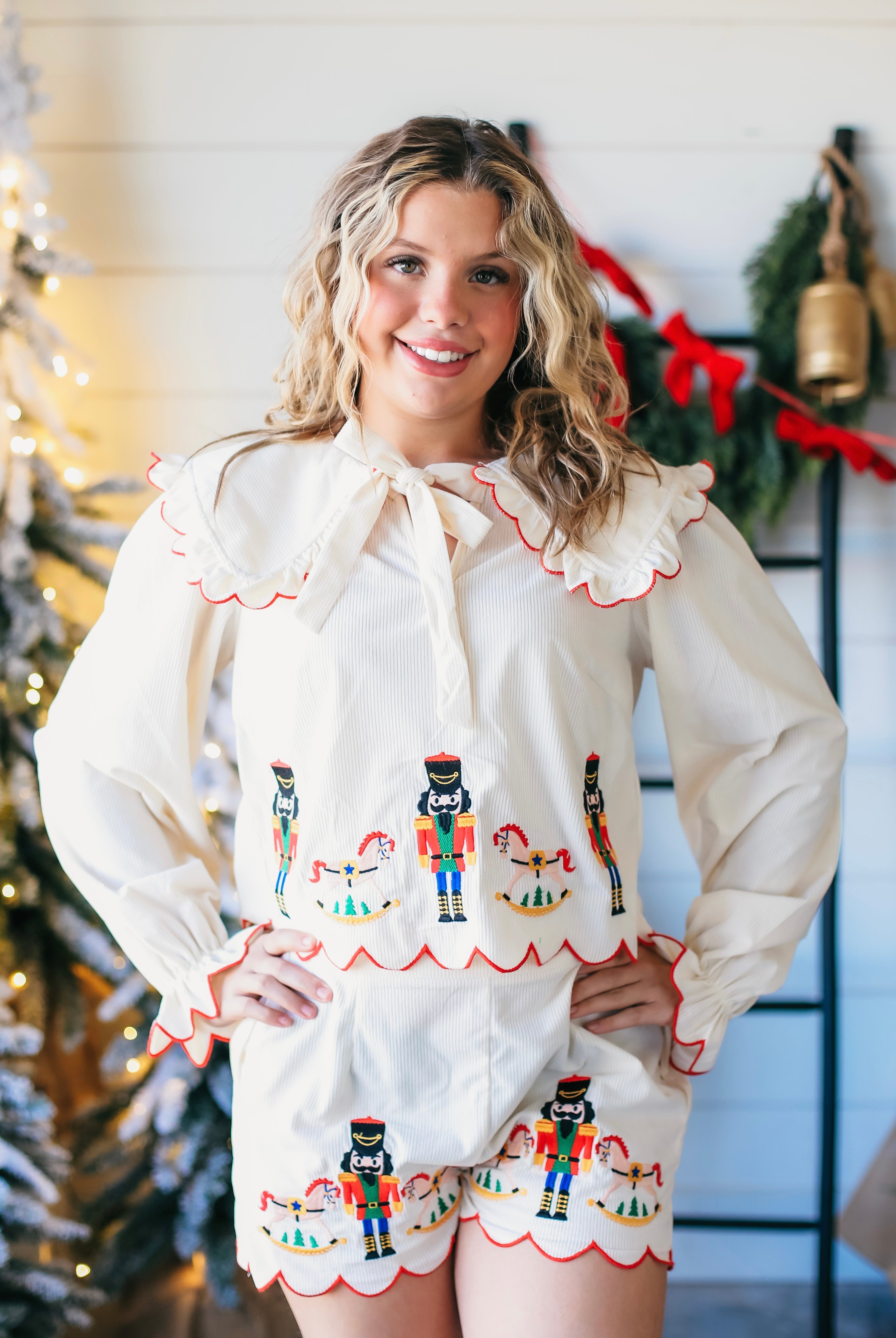 NUTCRACKER AND ROCKING HORSE CLASSIC CHRISTMAS EMBROIDERED CREAM PAJAMA SET - SET
