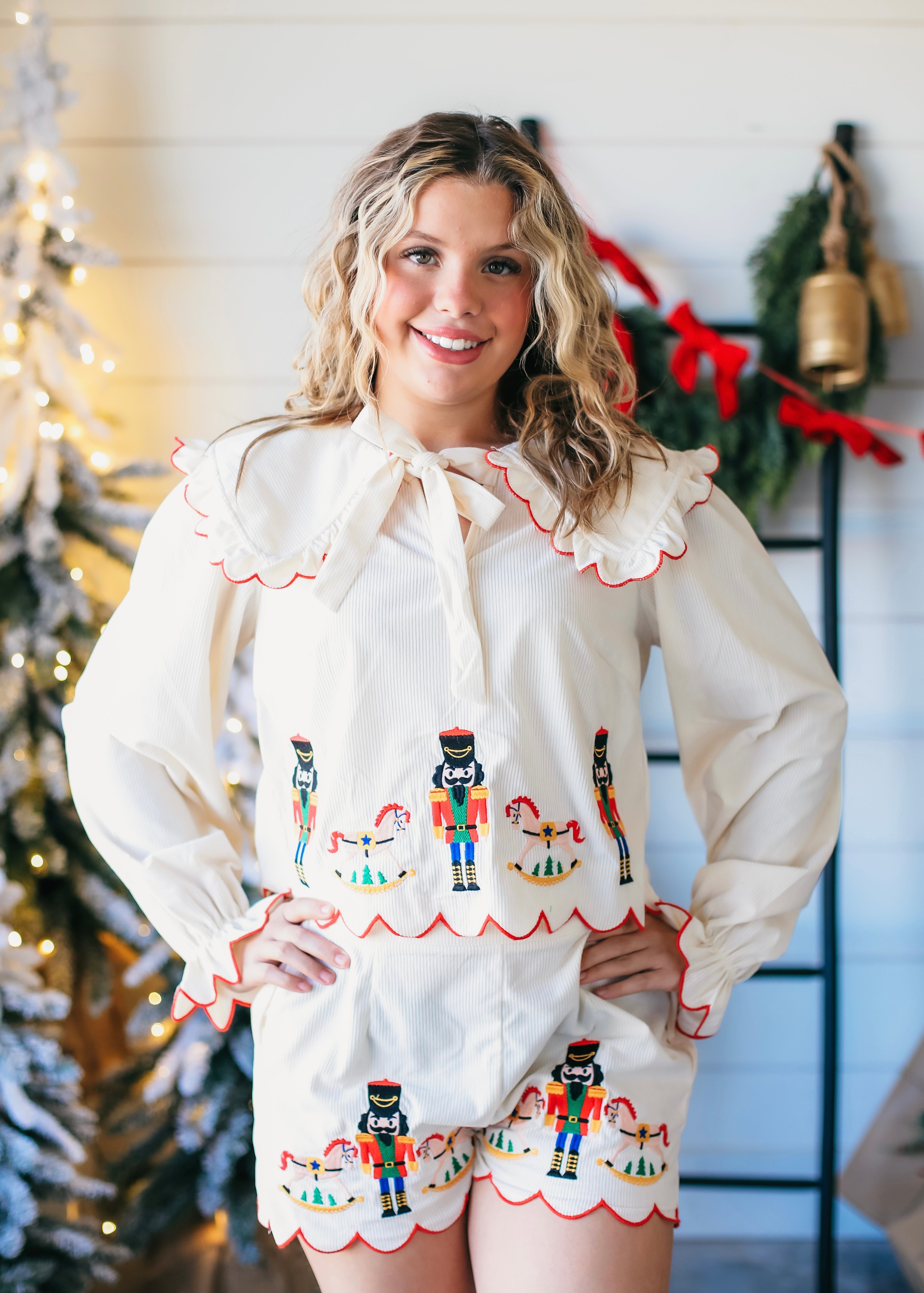 NUTCRACKER AND ROCKING HORSE CLASSIC CHRISTMAS EMBROIDERED CREAM PAJAMA SET - SET