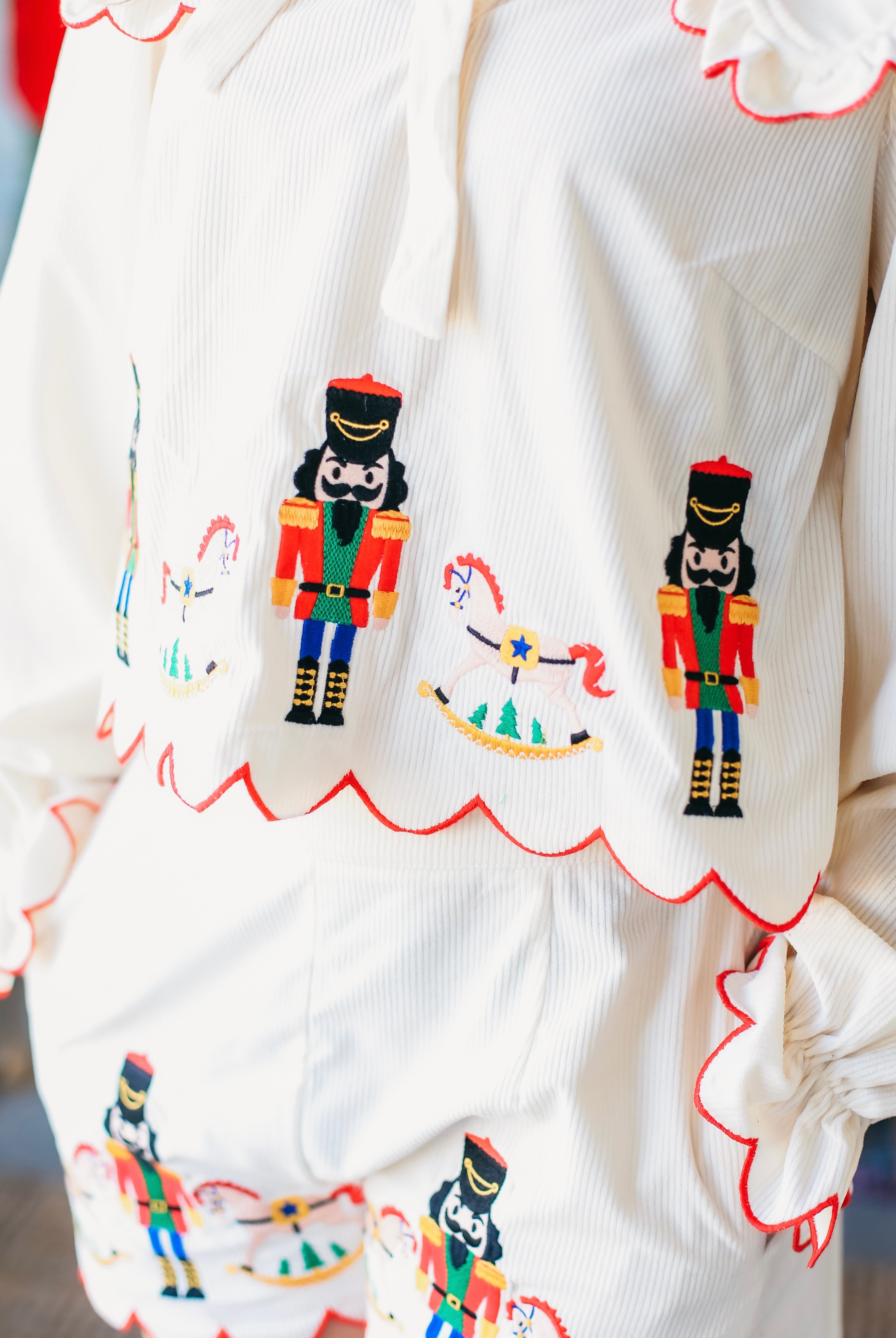 NUTCRACKER AND ROCKING HORSE CLASSIC CHRISTMAS EMBROIDERED CREAM PAJAMA SET - SET