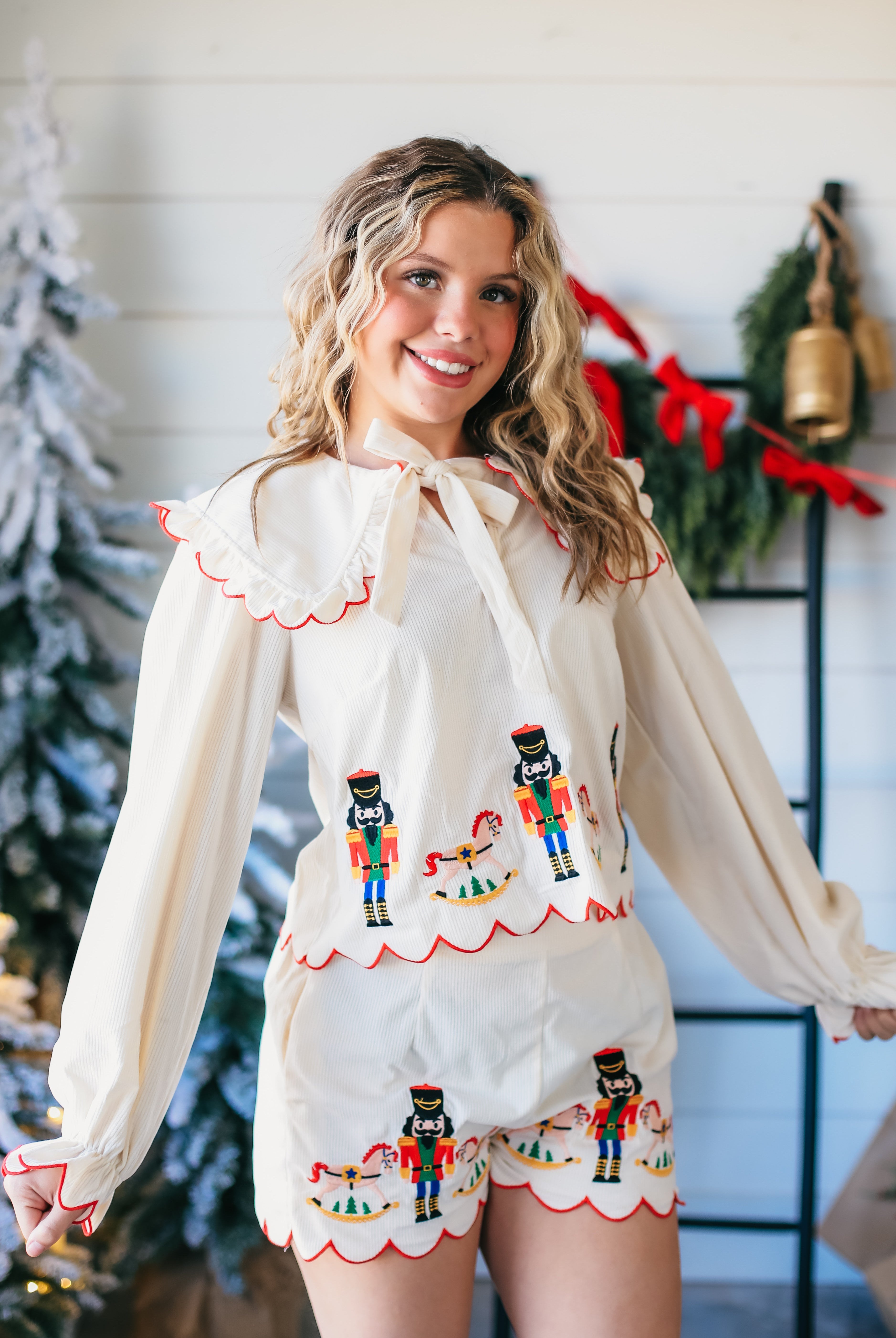NUTCRACKER AND ROCKING HORSE CLASSIC CHRISTMAS EMBROIDERED CREAM PAJAMA SET - SET