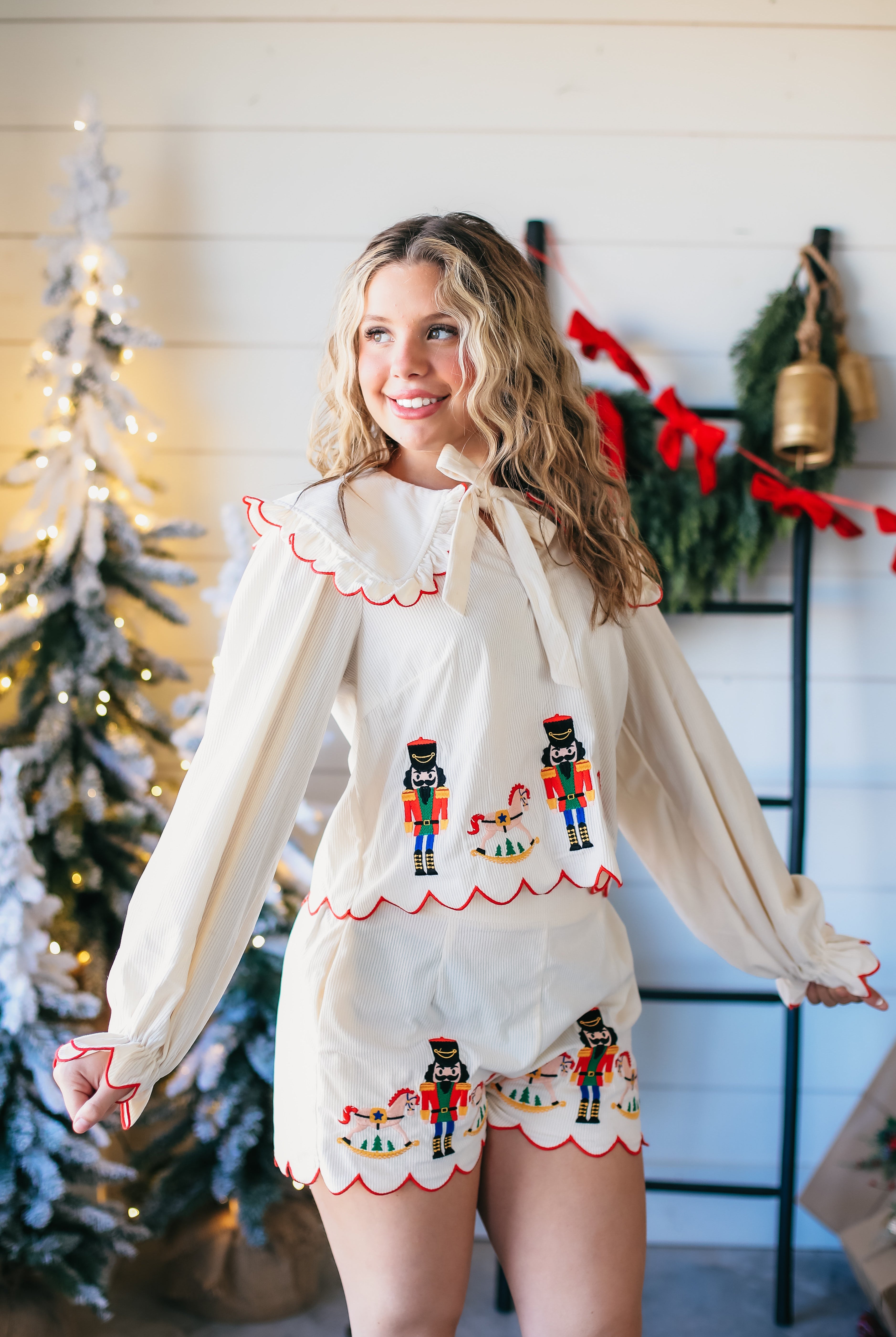 NUTCRACKER AND ROCKING HORSE CLASSIC CHRISTMAS EMBROIDERED CREAM PAJAMA SET - SET