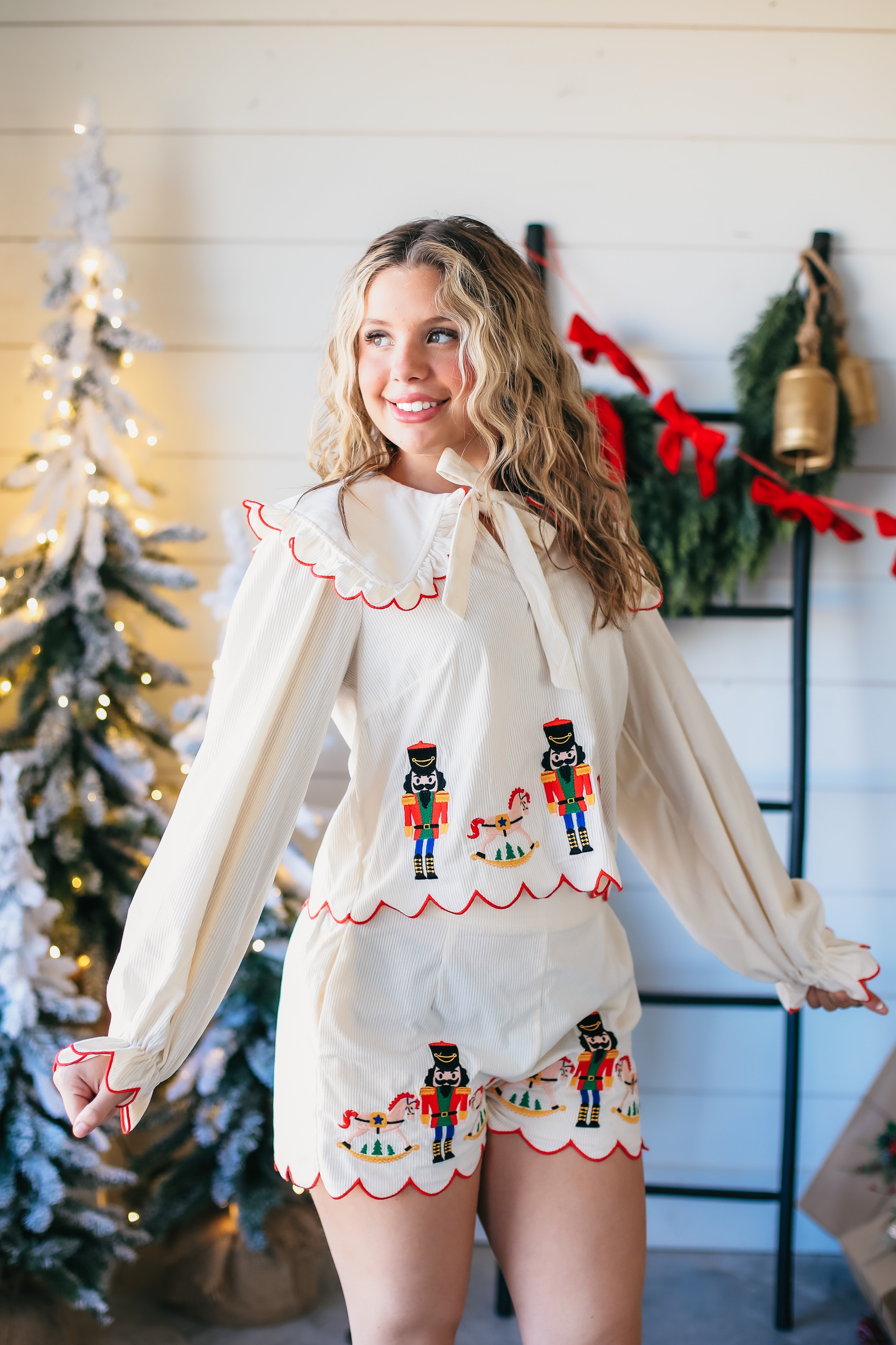 NUTCRACKER AND ROCKING HORSE CLASSIC CHRISTMAS EMBROIDERED CREAM PAJAMA SET - SET