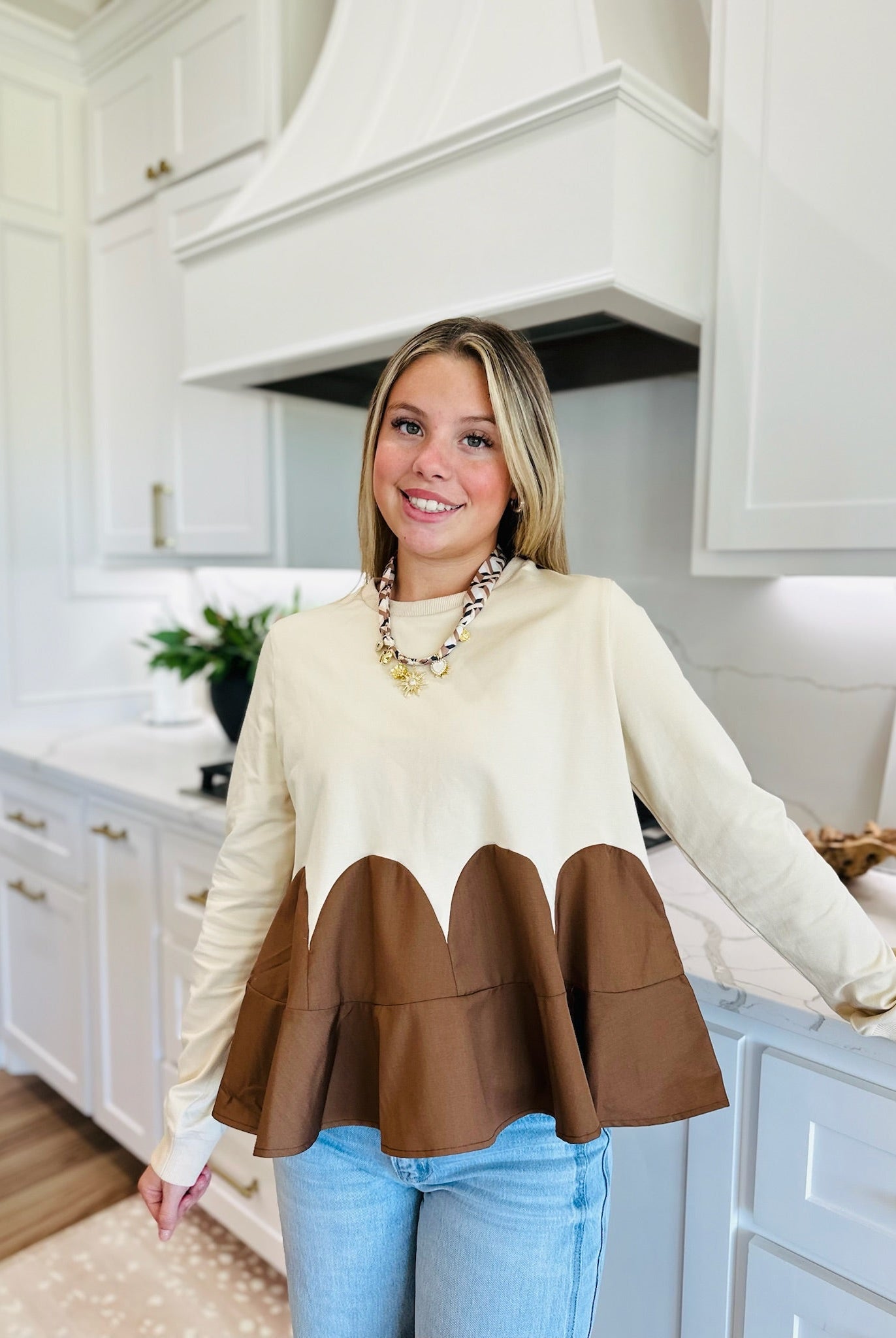 OATMEAL AND BROWN MIXED MEDIA KNIT TOP- PERFECT FALL STATEMENT PIECE - Tops