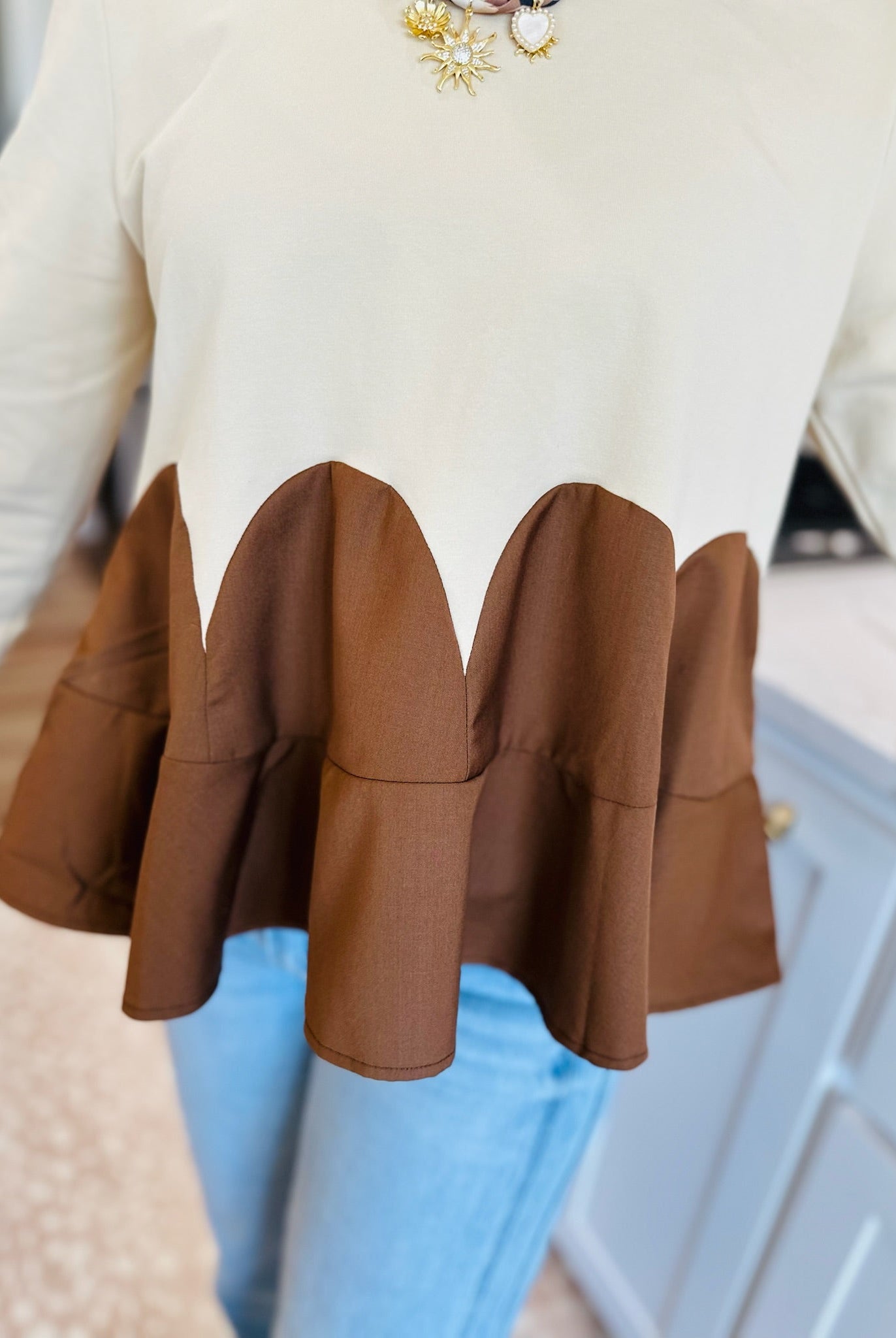 OATMEAL AND BROWN MIXED MEDIA KNIT TOP- PERFECT FALL STATEMENT PIECE - Tops