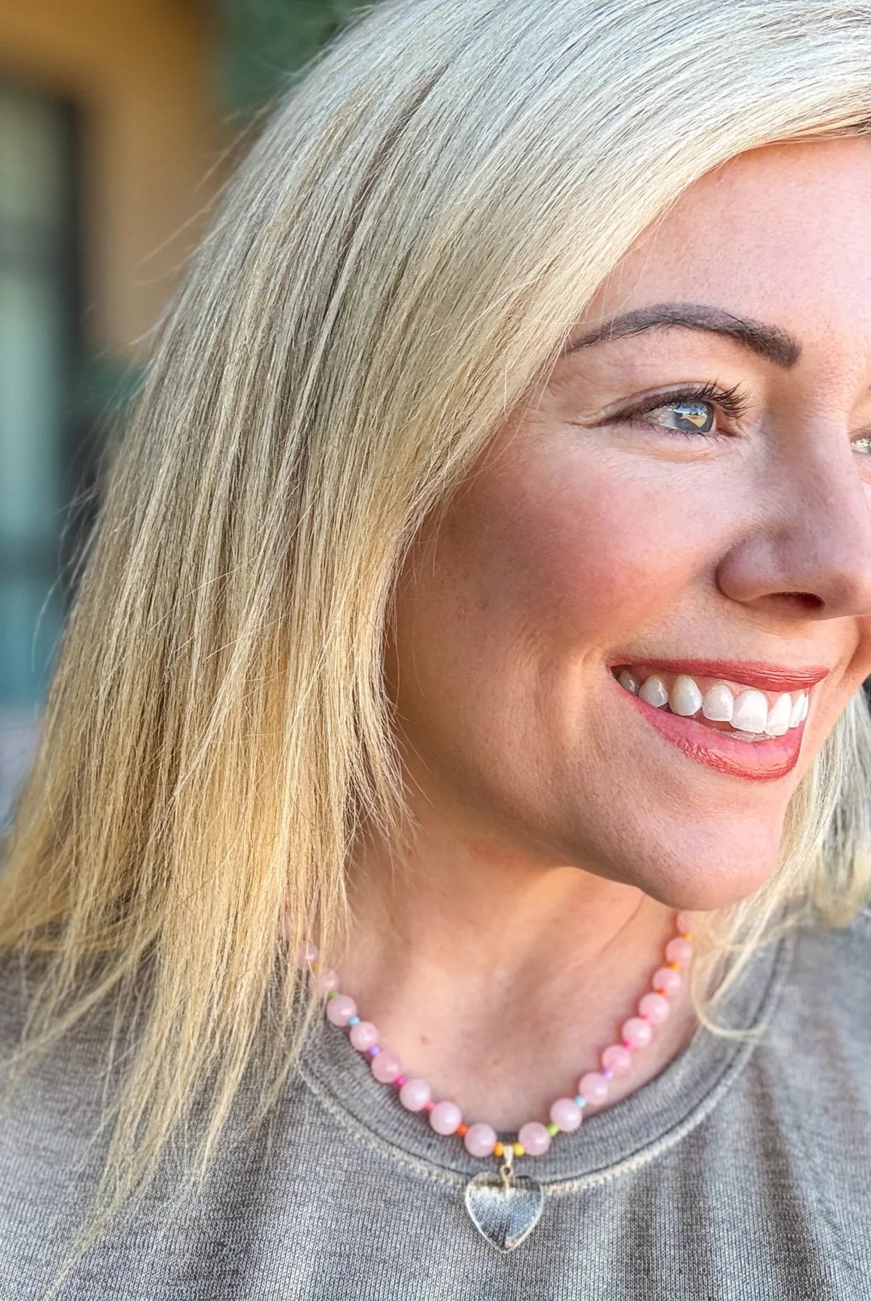 PINK MULTI COLOR BEADED NECKLACE WITH DANGLE HEART- LOTTIE - Necklaces