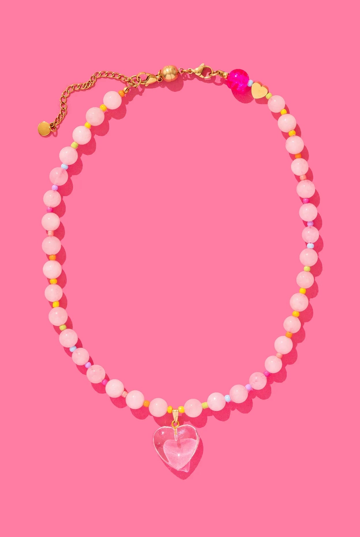 PINK MULTI COLOR BEADED NECKLACE WITH DANGLE HEART- LOTTIE - Necklaces