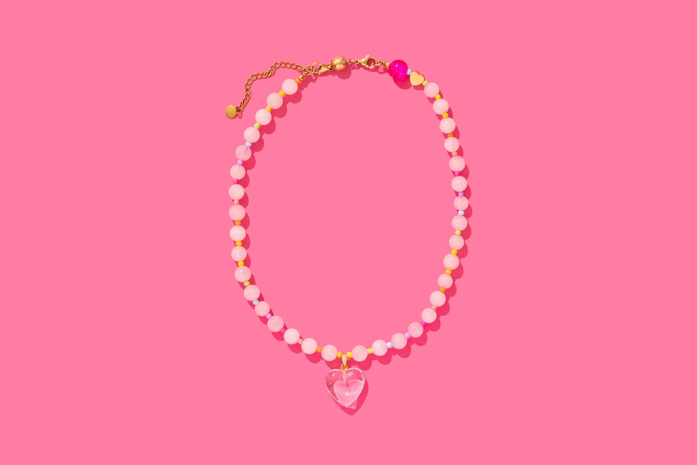 PINK MULTI COLOR BEADED NECKLACE WITH DANGLE HEART- LOTTIE - Necklaces