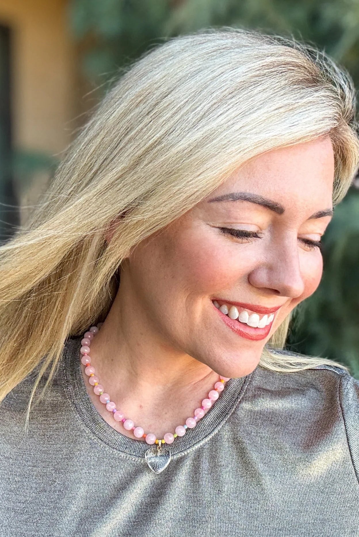 PINK MULTI COLOR BEADED NECKLACE WITH DANGLE HEART- LOTTIE - Necklaces