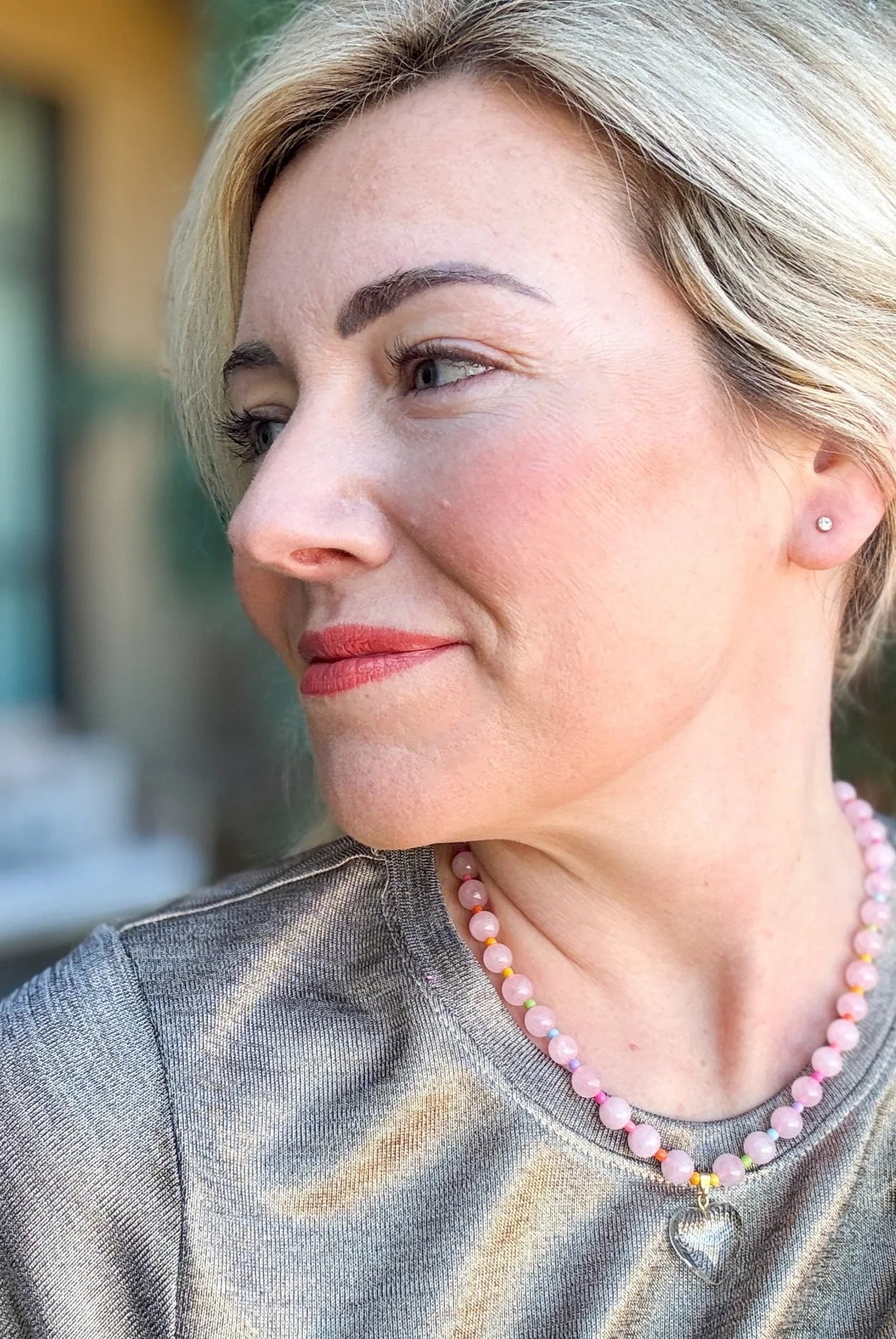 PINK MULTI COLOR BEADED NECKLACE WITH DANGLE HEART- LOTTIE - Necklaces