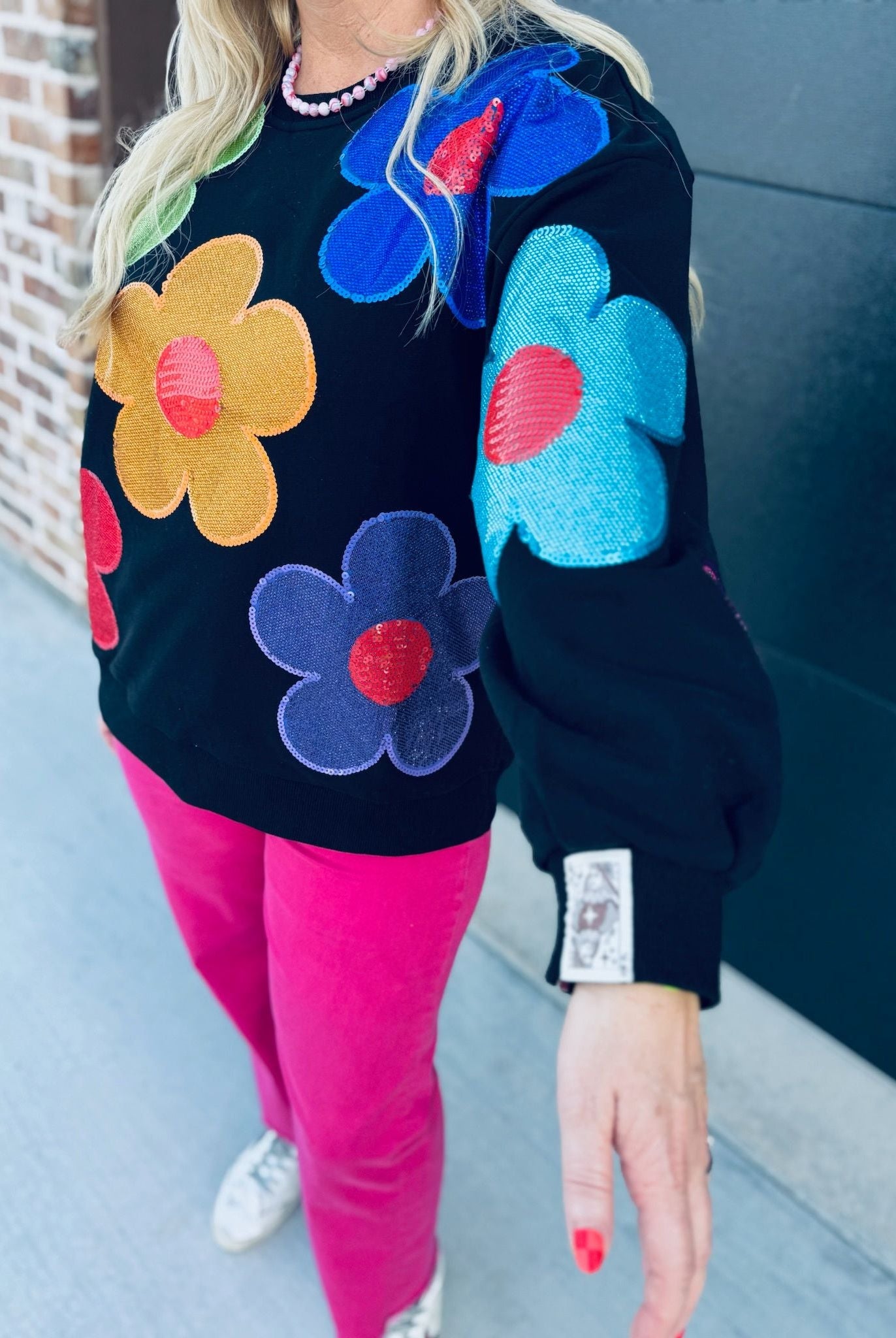 QUEEN OF SPARKLES BLACK MULTI OVERSIZED RHINESTONE FLOWER SWEATSHIRT - Tops