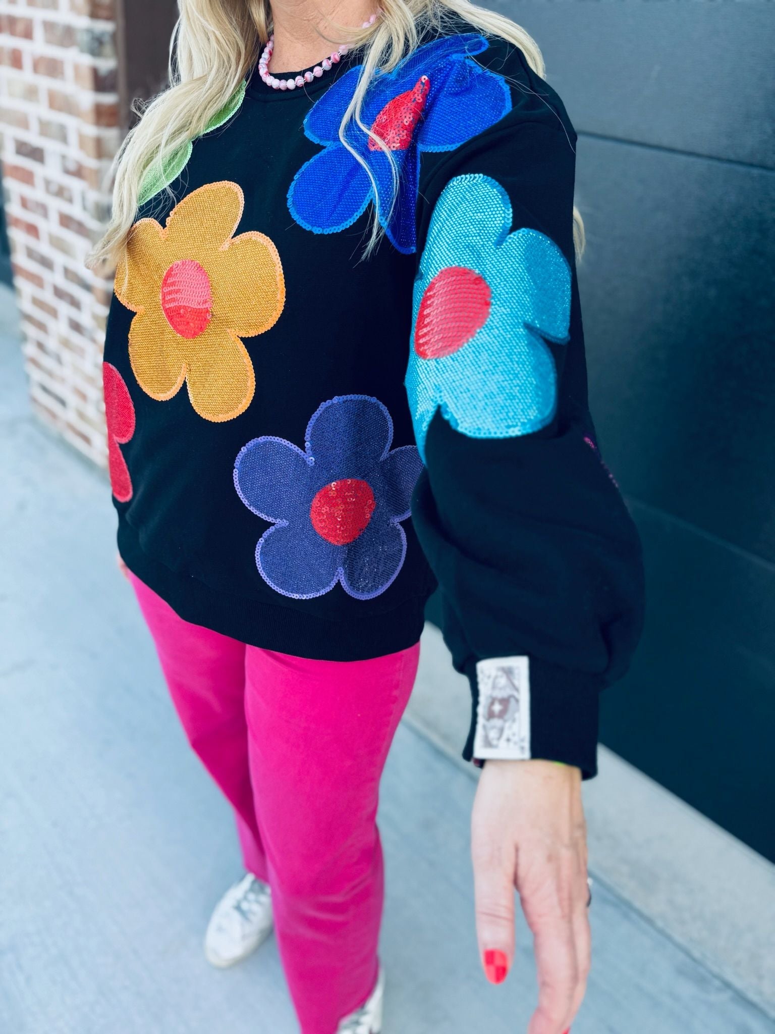 QUEEN OF SPARKLES BLACK MULTI OVERSIZED RHINESTONE FLOWER SWEATSHIRT - Tops