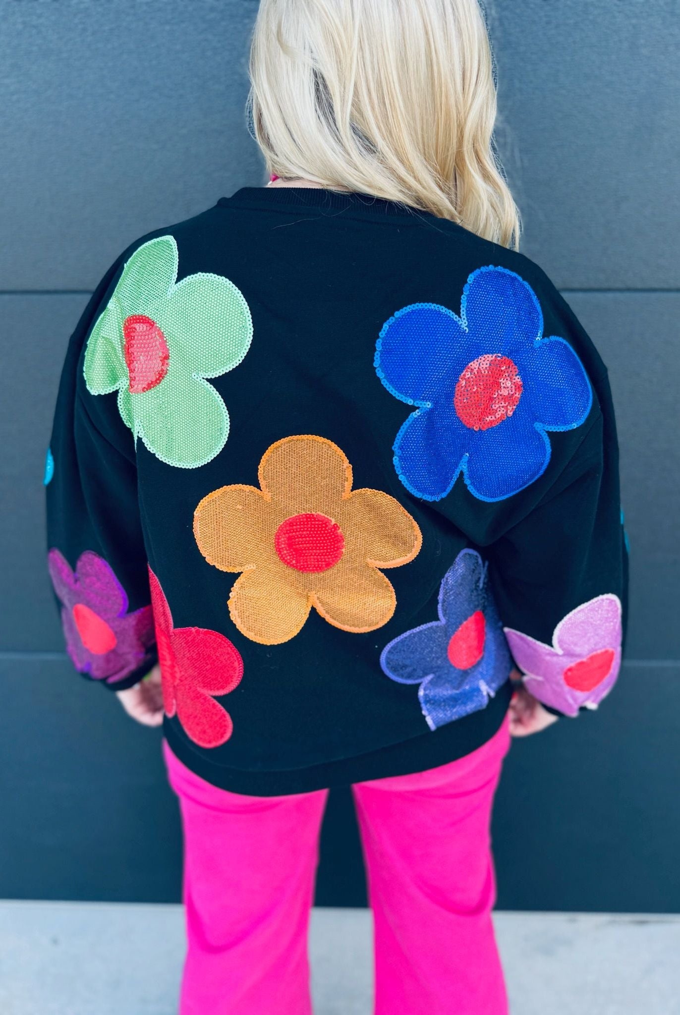 QUEEN OF SPARKLES BLACK MULTI OVERSIZED RHINESTONE FLOWER SWEATSHIRT - Tops