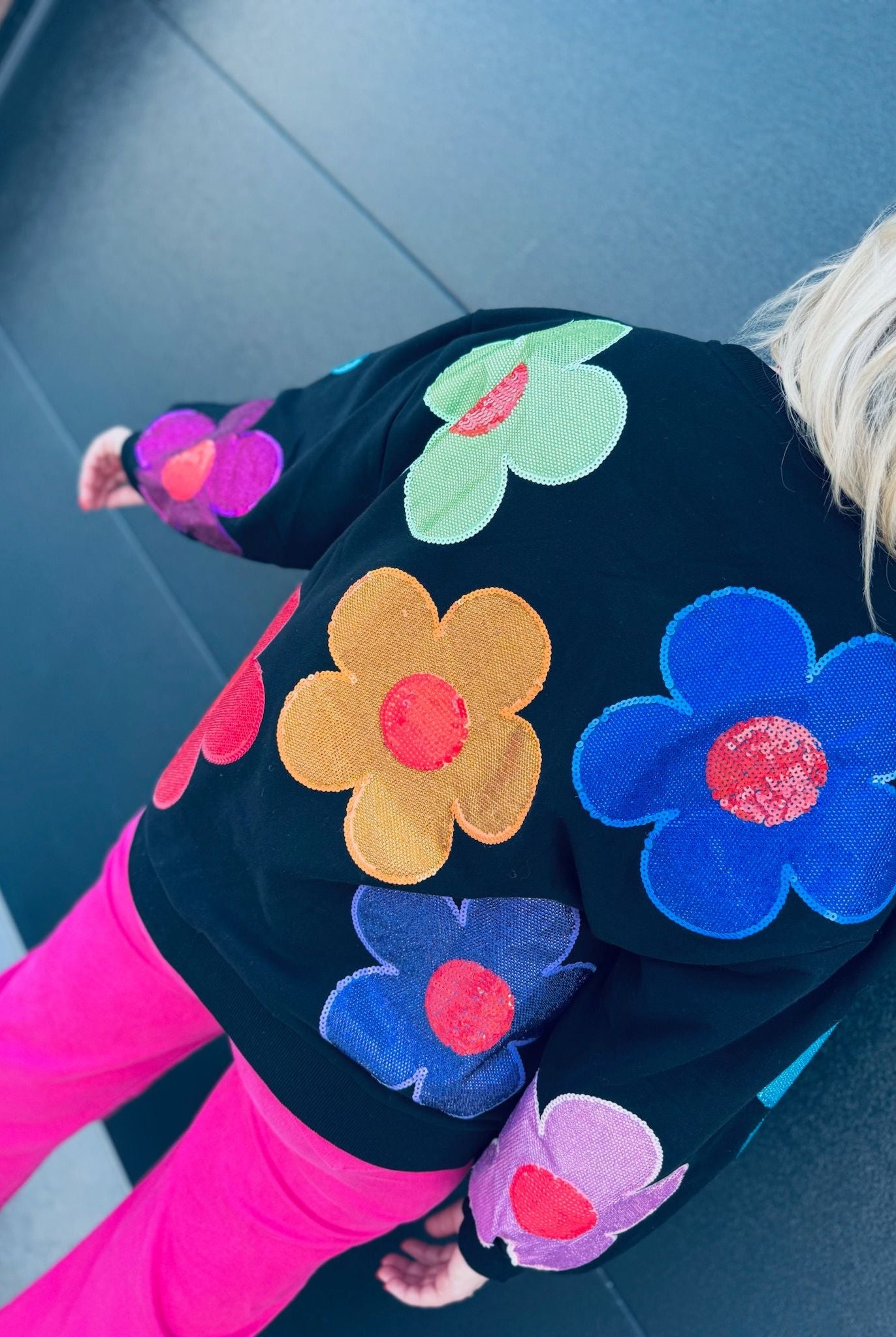 QUEEN OF SPARKLES BLACK MULTI OVERSIZED RHINESTONE FLOWER SWEATSHIRT - Tops