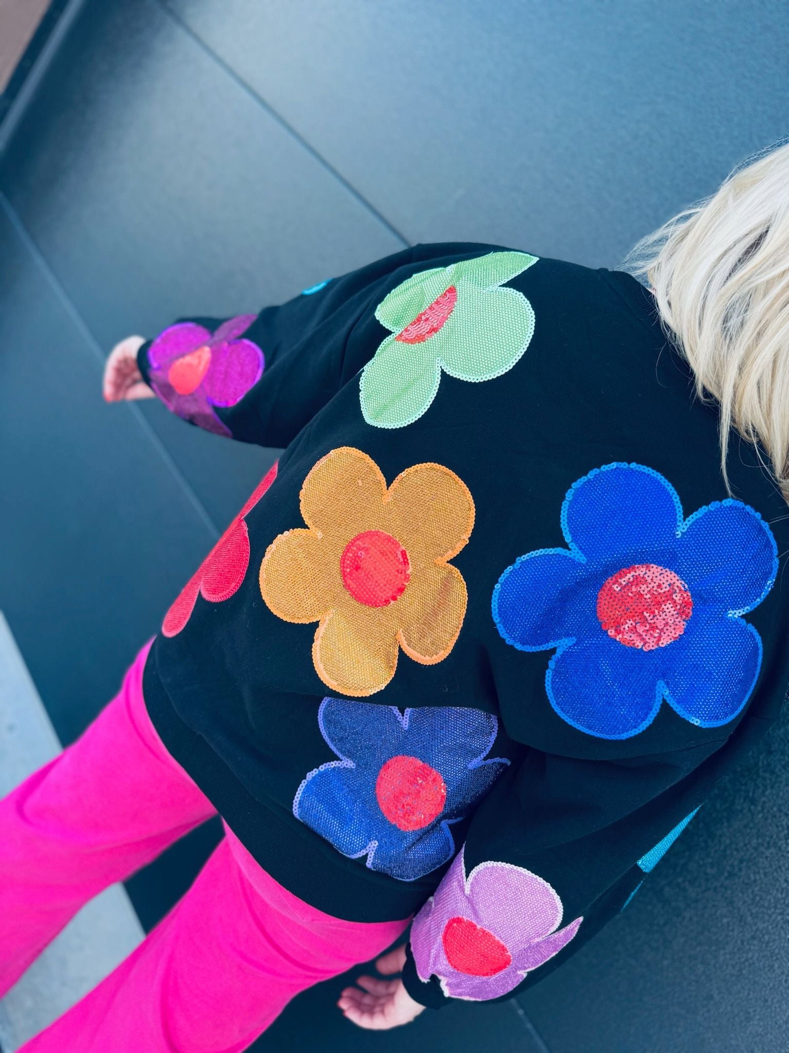 QUEEN OF SPARKLES BLACK MULTI OVERSIZED RHINESTONE FLOWER SWEATSHIRT - Tops