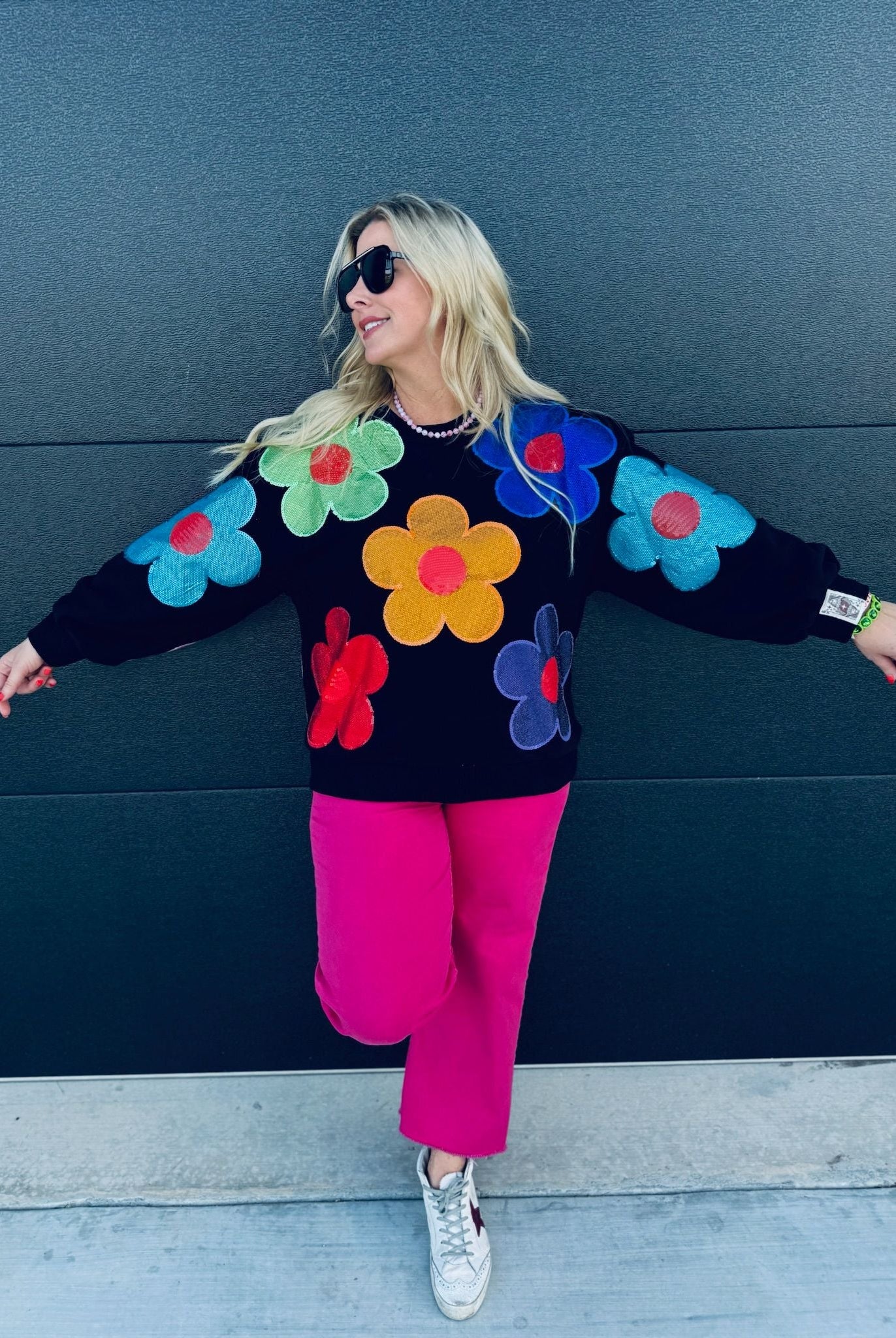 QUEEN OF SPARKLES BLACK MULTI OVERSIZED RHINESTONE FLOWER SWEATSHIRT - Tops