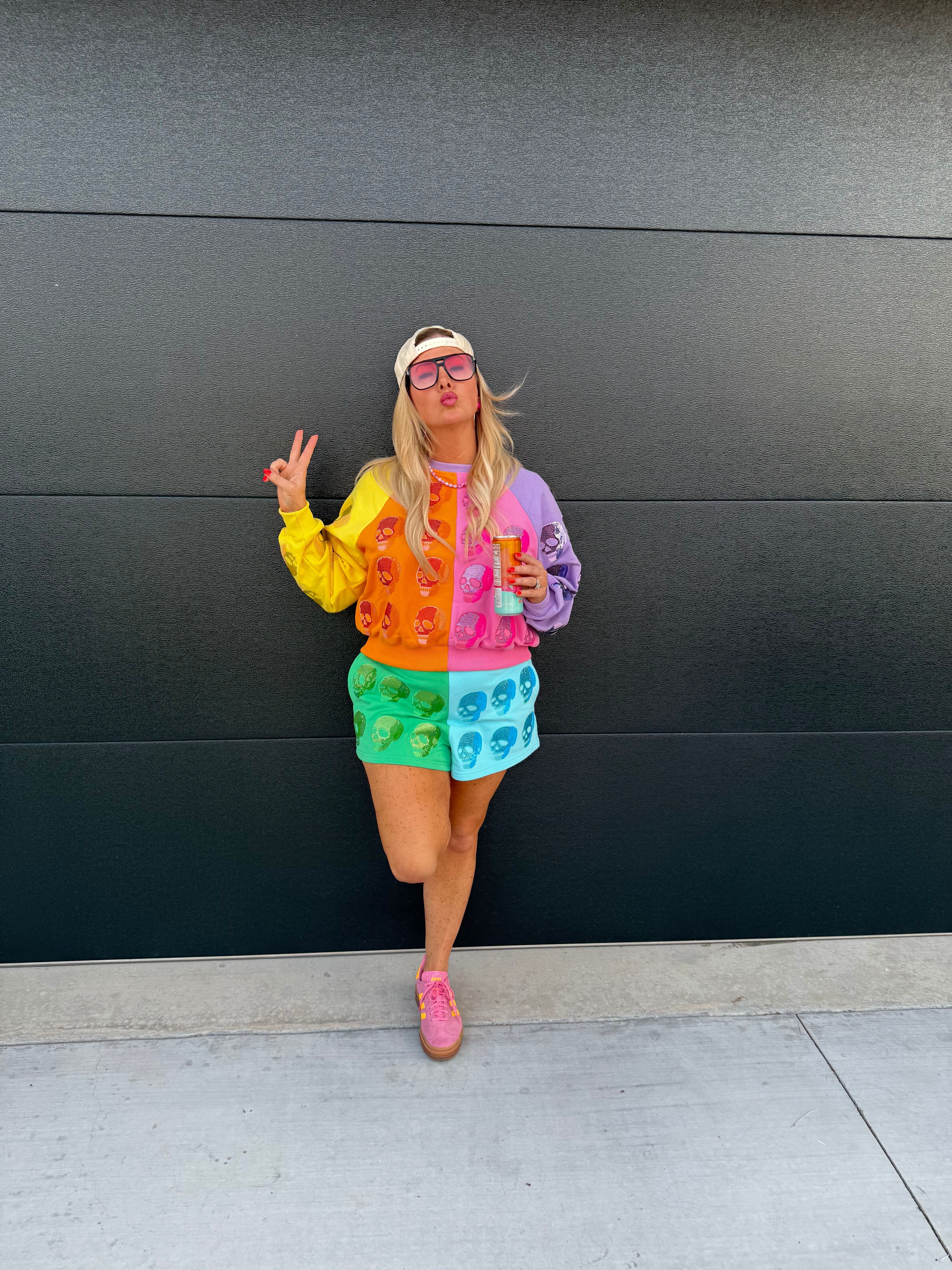 QUEEN OF SPARKLES COLOR BLOCK MULTI SKULL SHORTS - Bottoms