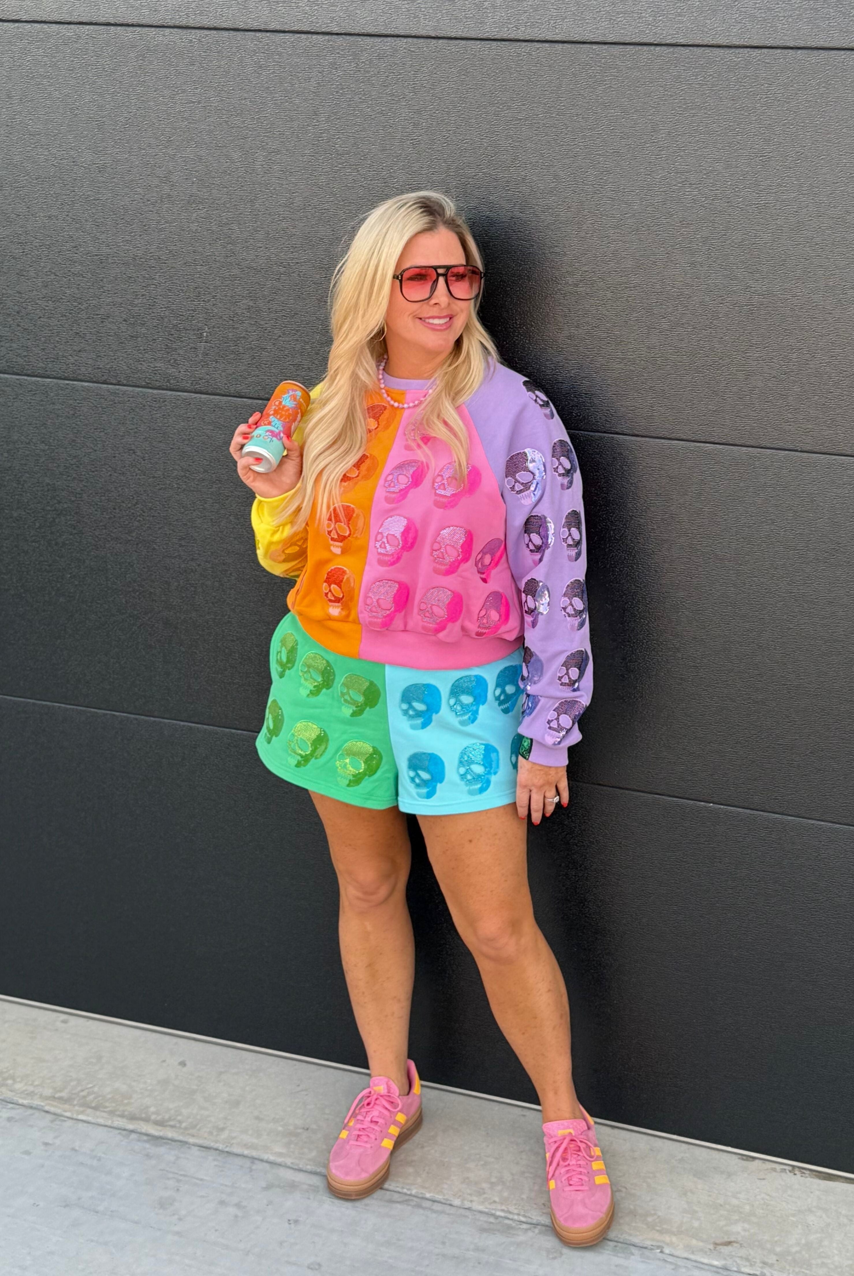 QUEEN OF SPARKLES COLOR BLOCK MULTI SKULL SHORTS - Bottoms