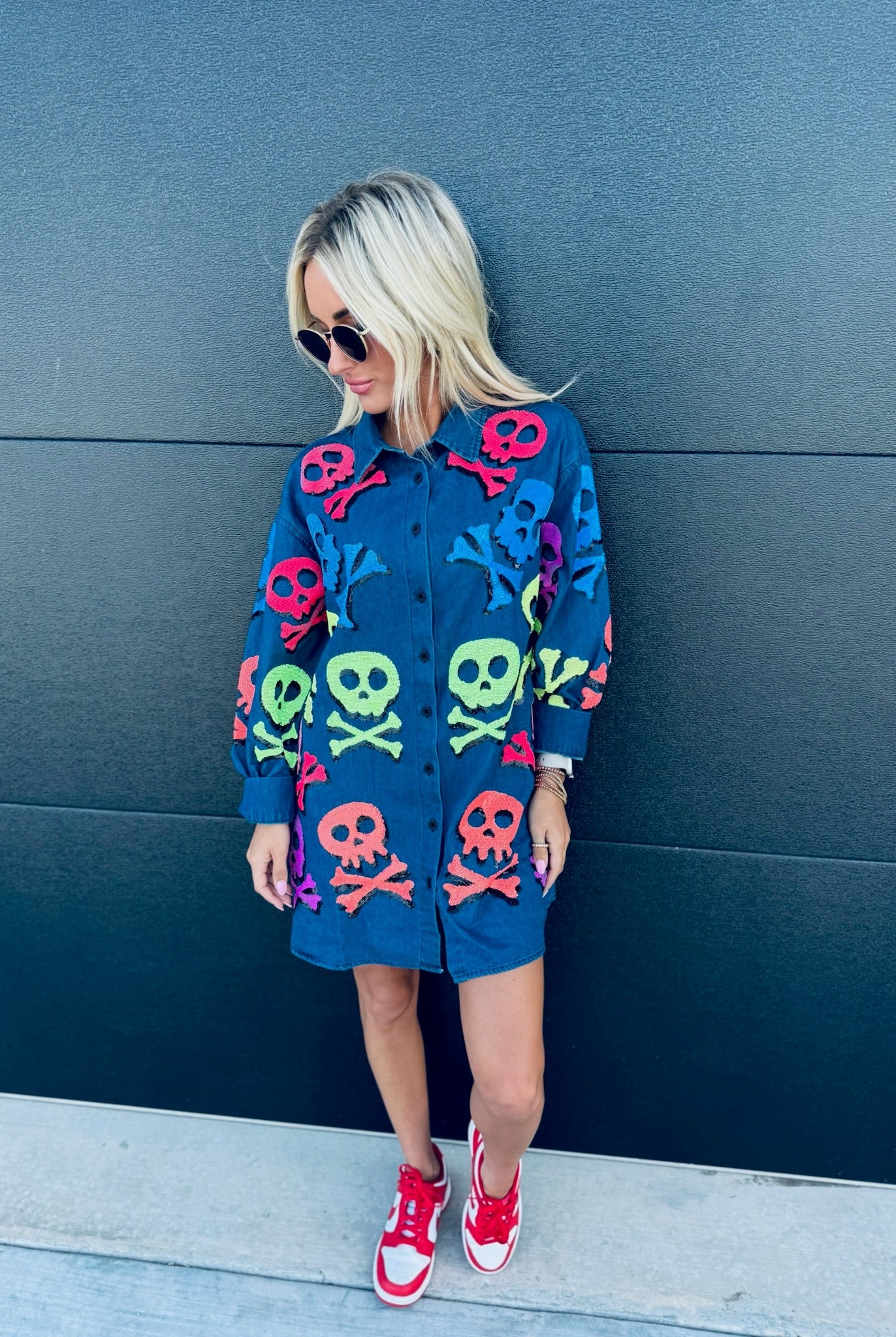 QUEEN OF SPARKLES DENIM SKELETON BUTTON DOWN SHIRT - Tops