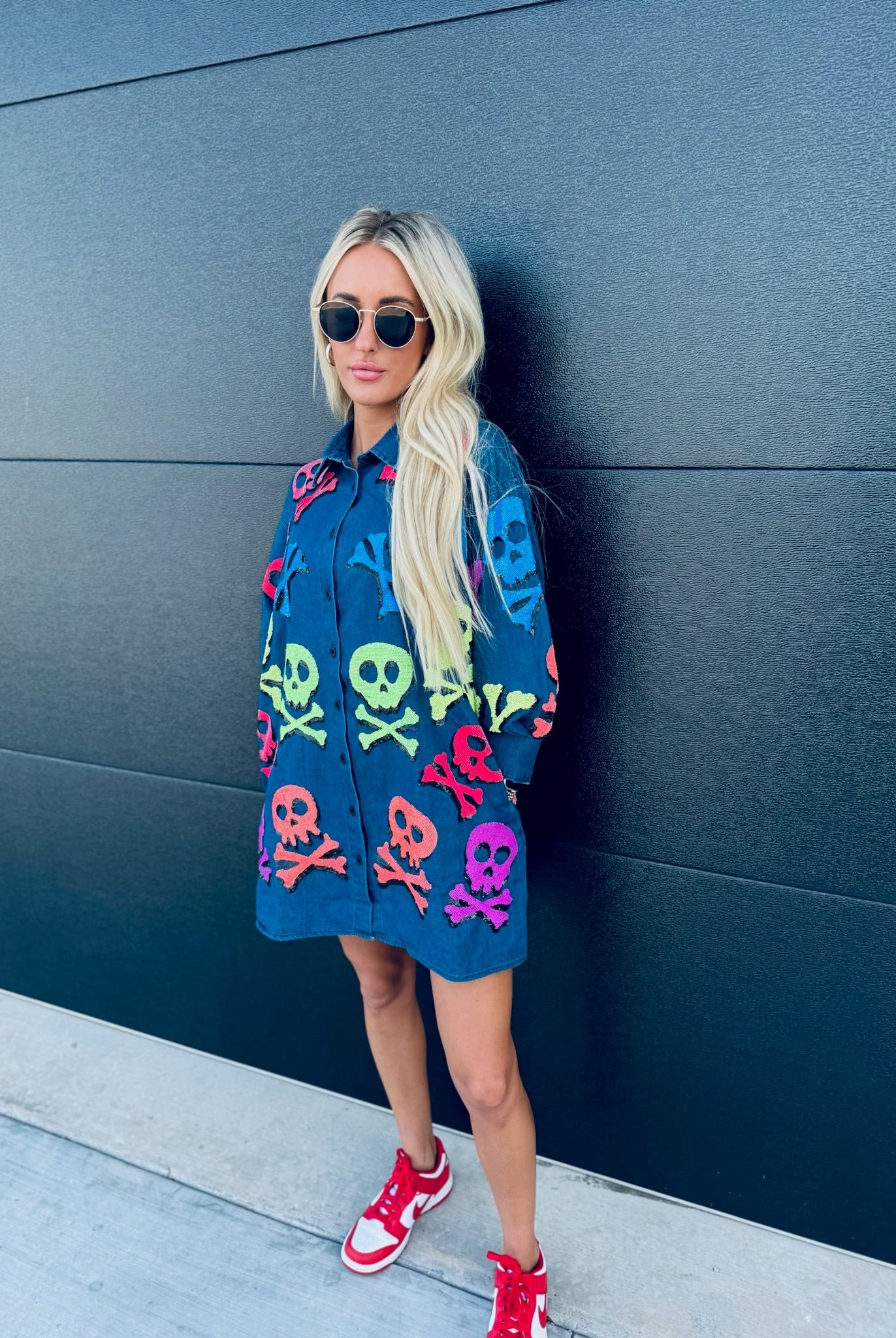 QUEEN OF SPARKLES DENIM SKELETON BUTTON DOWN SHIRT - Tops