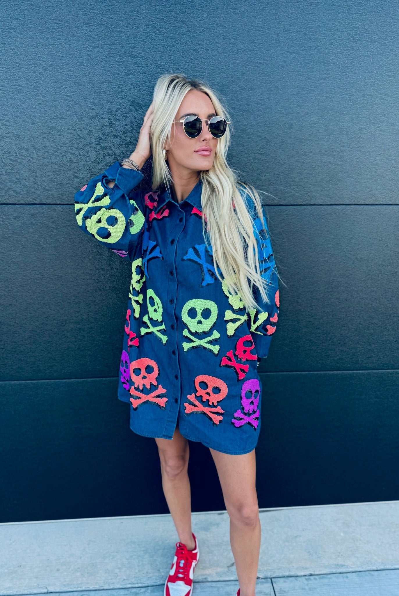 QUEEN OF SPARKLES DENIM SKELETON BUTTON DOWN SHIRT - Tops