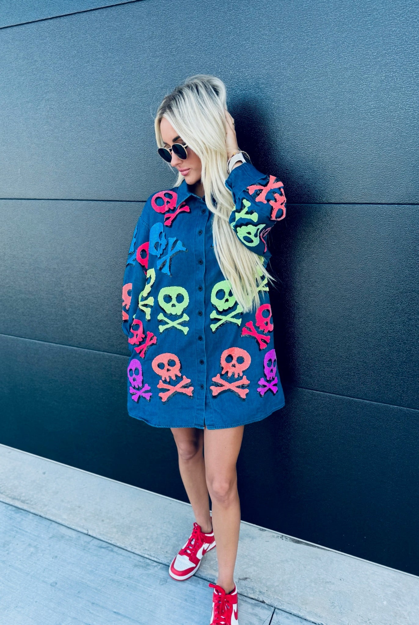 QUEEN OF SPARKLES DENIM SKELETON BUTTON DOWN SHIRT - Tops