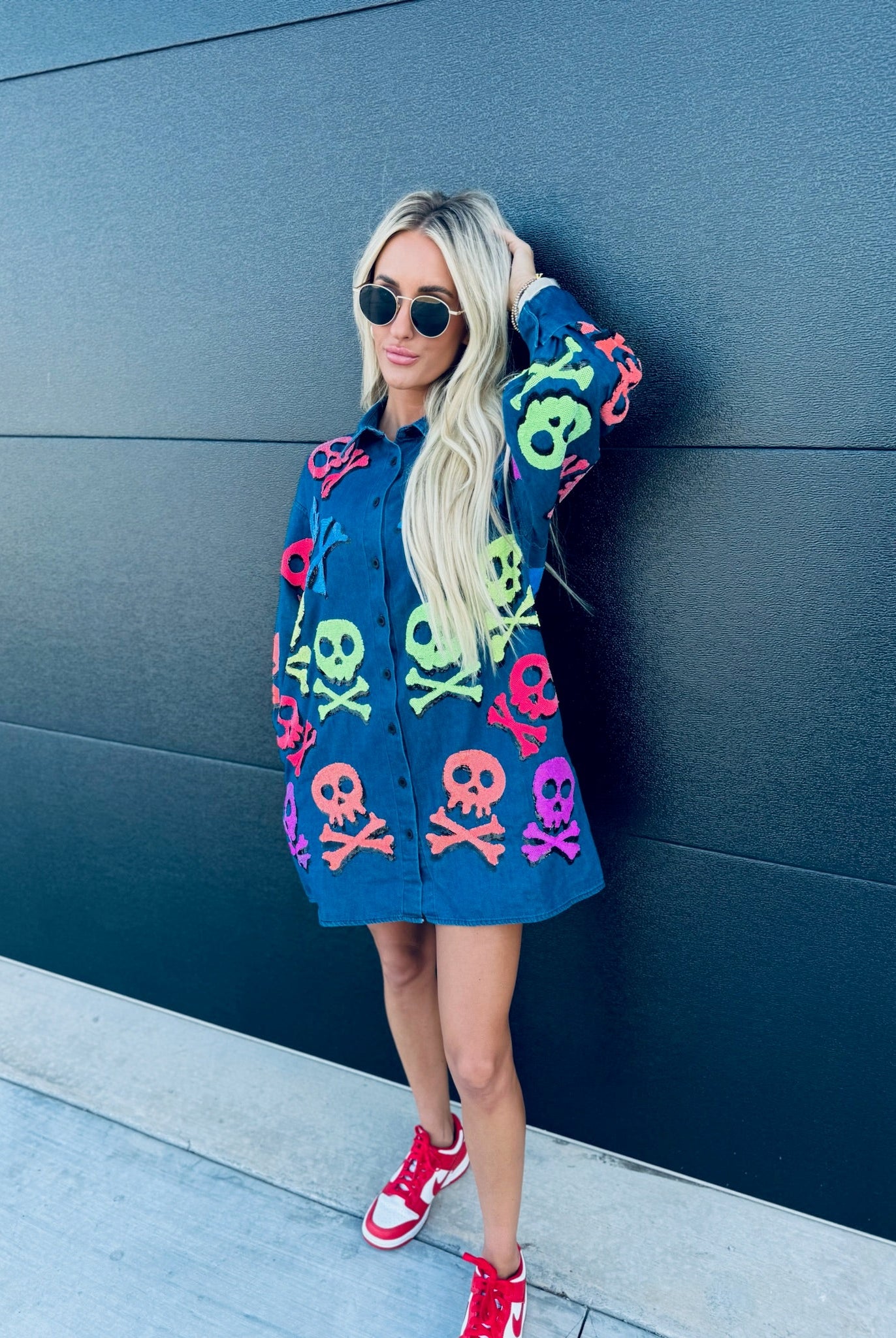 QUEEN OF SPARKLES DENIM SKELETON BUTTON DOWN SHIRT - Tops