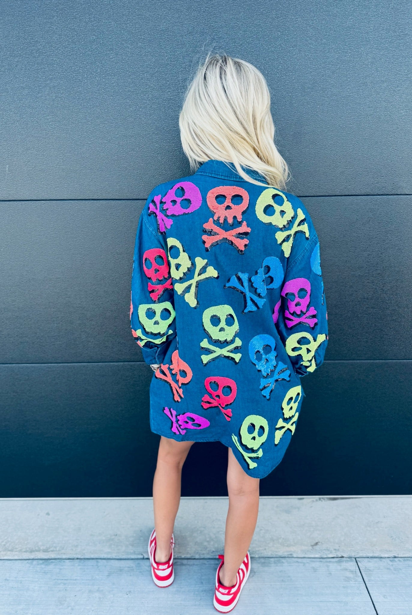 QUEEN OF SPARKLES DENIM SKELETON BUTTON DOWN SHIRT - Tops