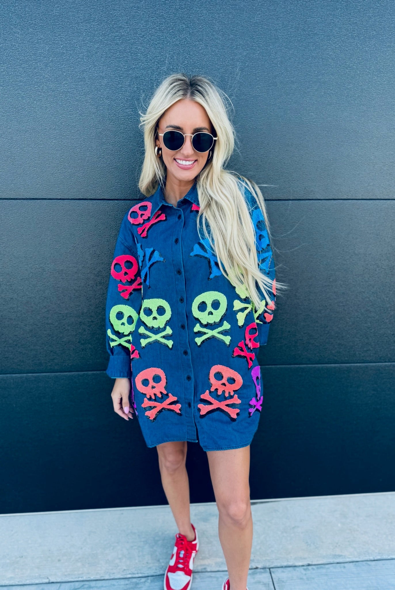 QUEEN OF SPARKLES DENIM SKELETON BUTTON DOWN SHIRT - Tops