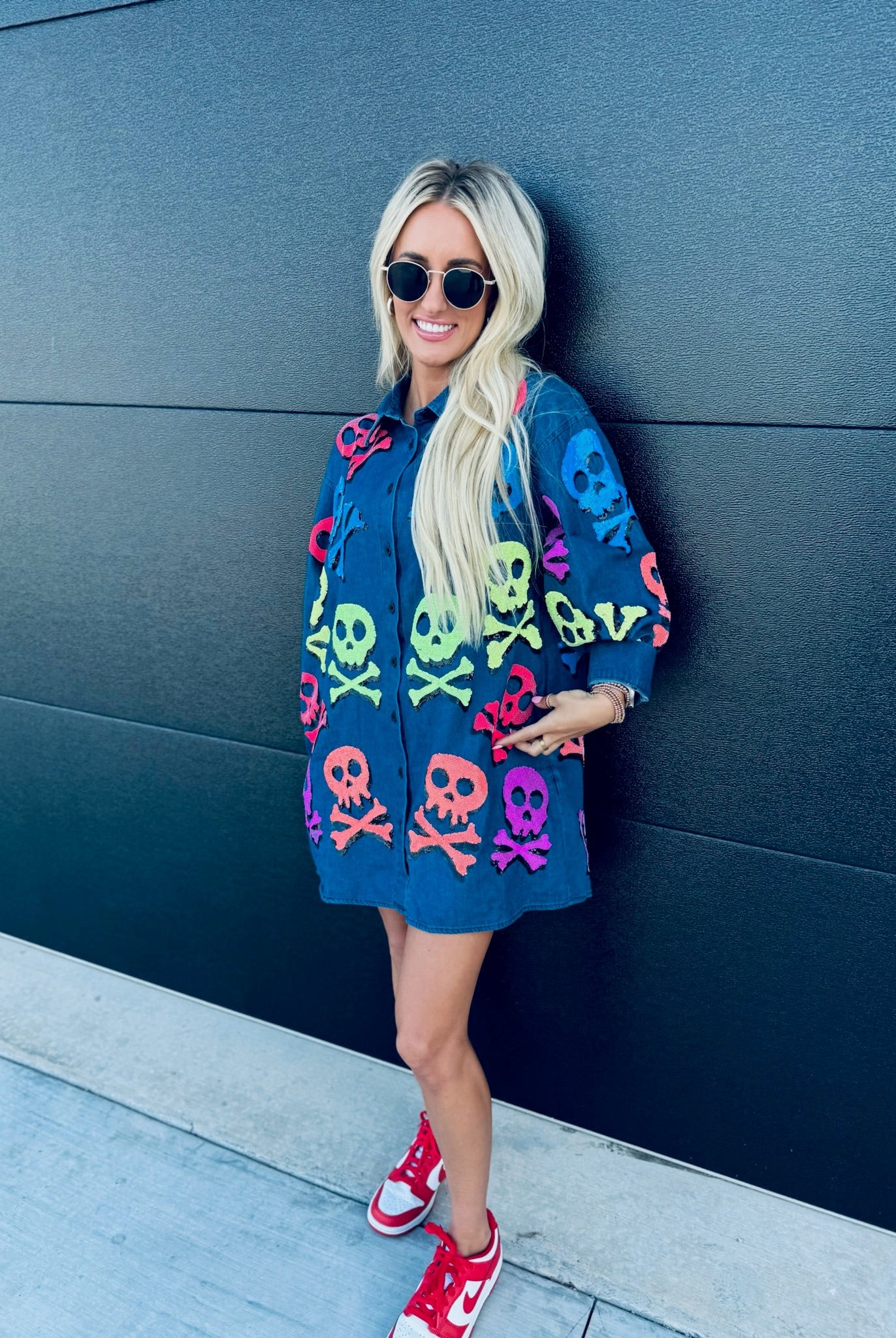 QUEEN OF SPARKLES DENIM SKELETON BUTTON DOWN SHIRT - Tops