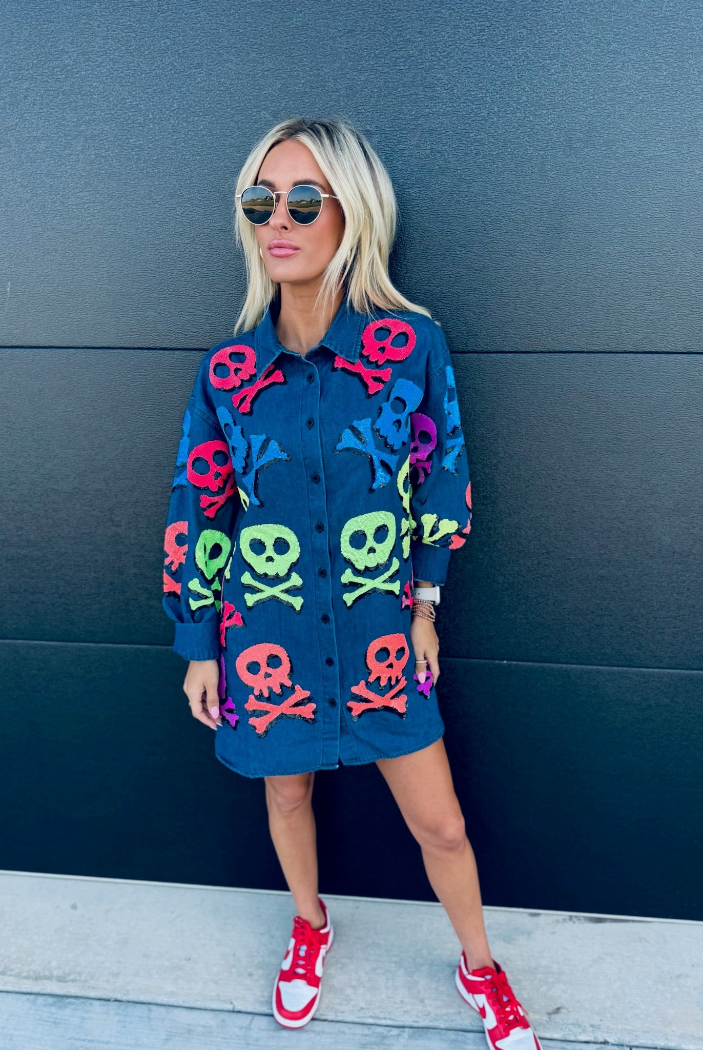 QUEEN OF SPARKLES DENIM SKELETON BUTTON DOWN SHIRT - Tops