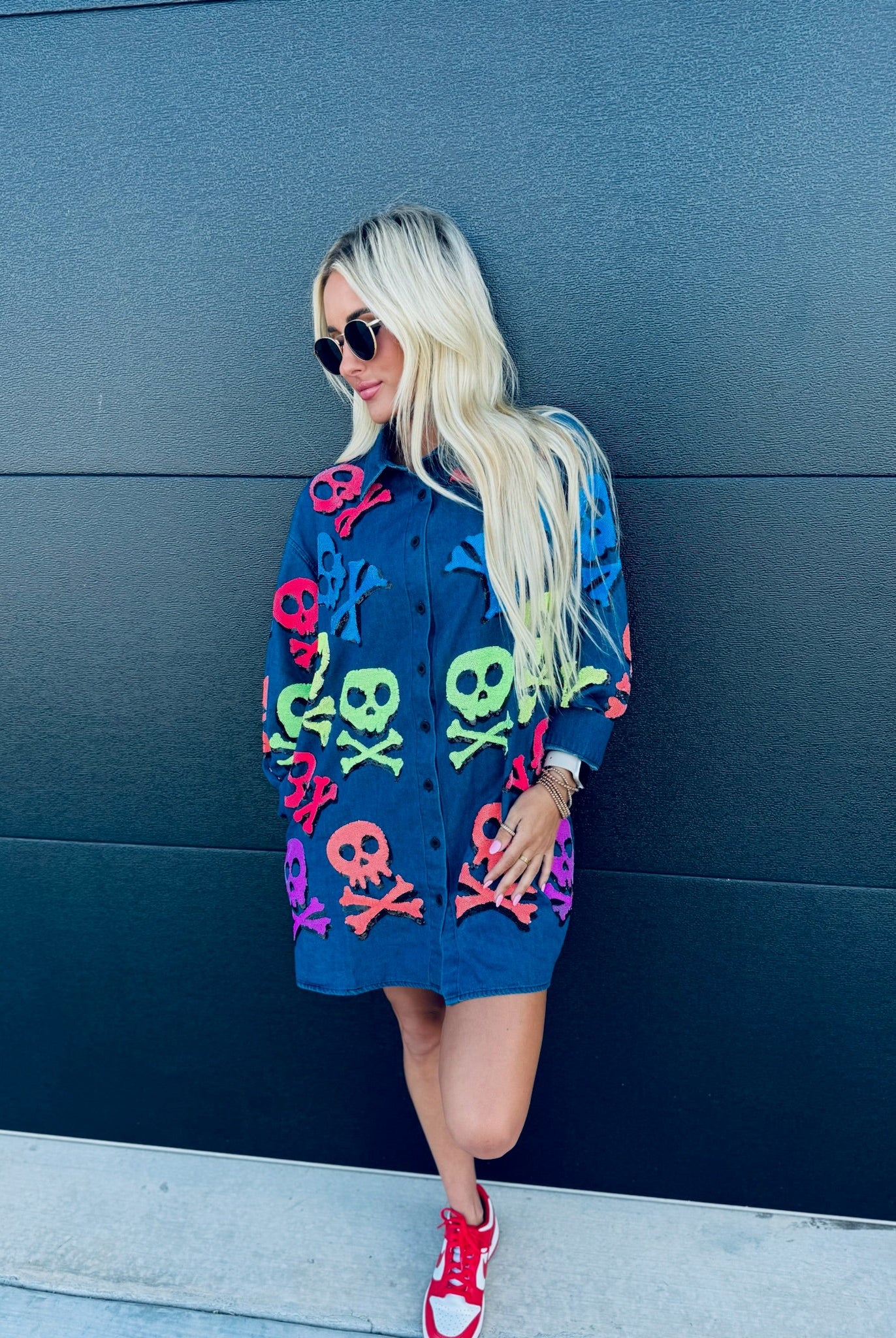 QUEEN OF SPARKLES DENIM SKELETON BUTTON DOWN SHIRT - Tops