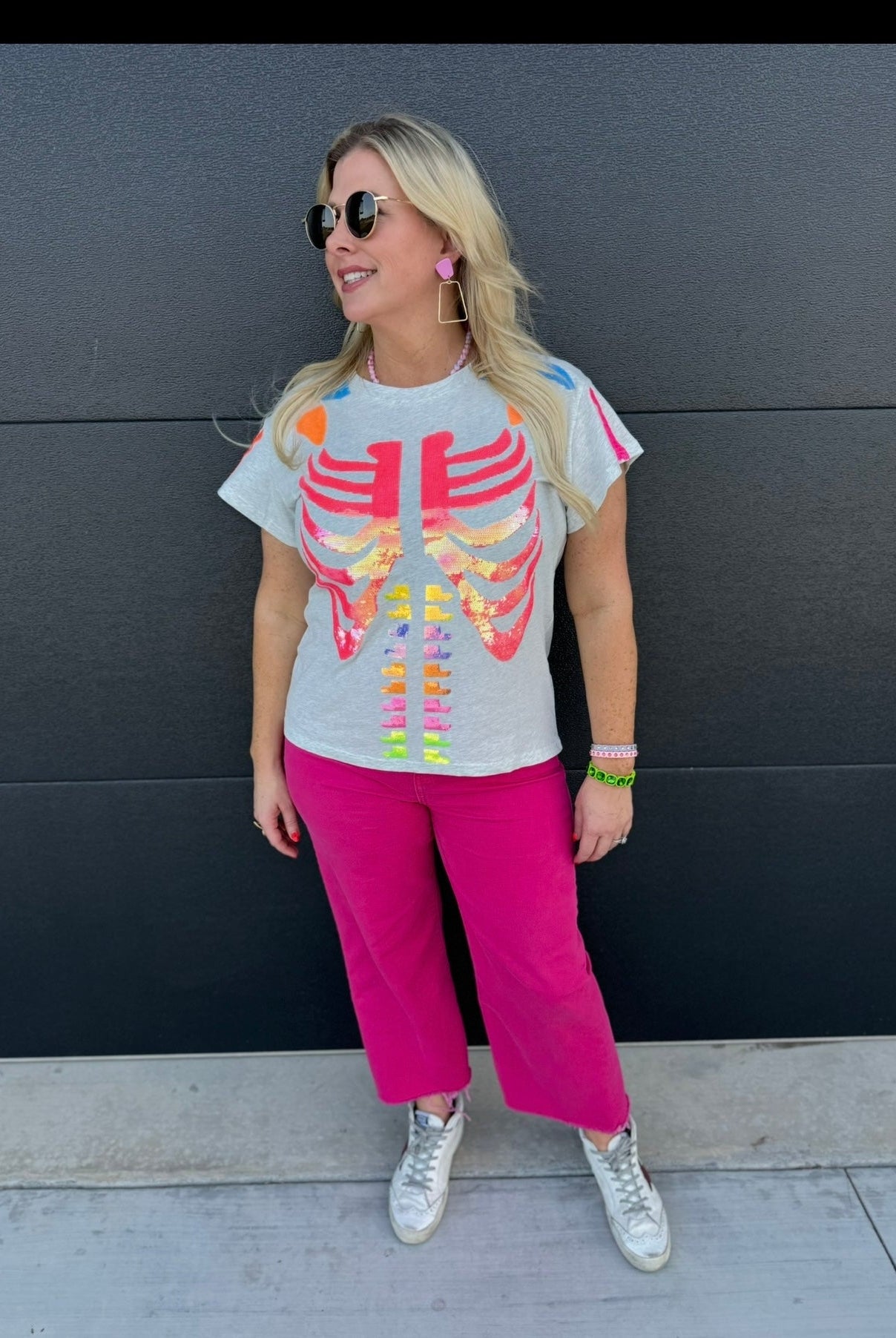 QUEEN OF SPARKLES GREY MULTI SKELETON TEE - Tops