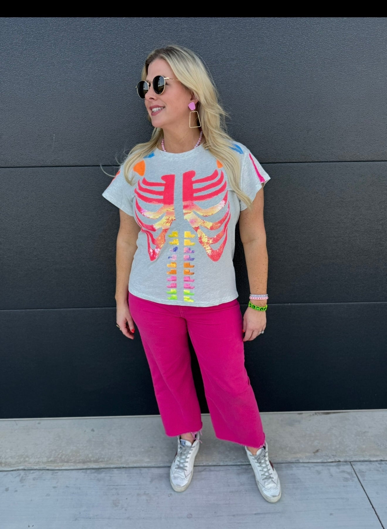 QUEEN OF SPARKLES GREY MULTI SKELETON TEE - Tops