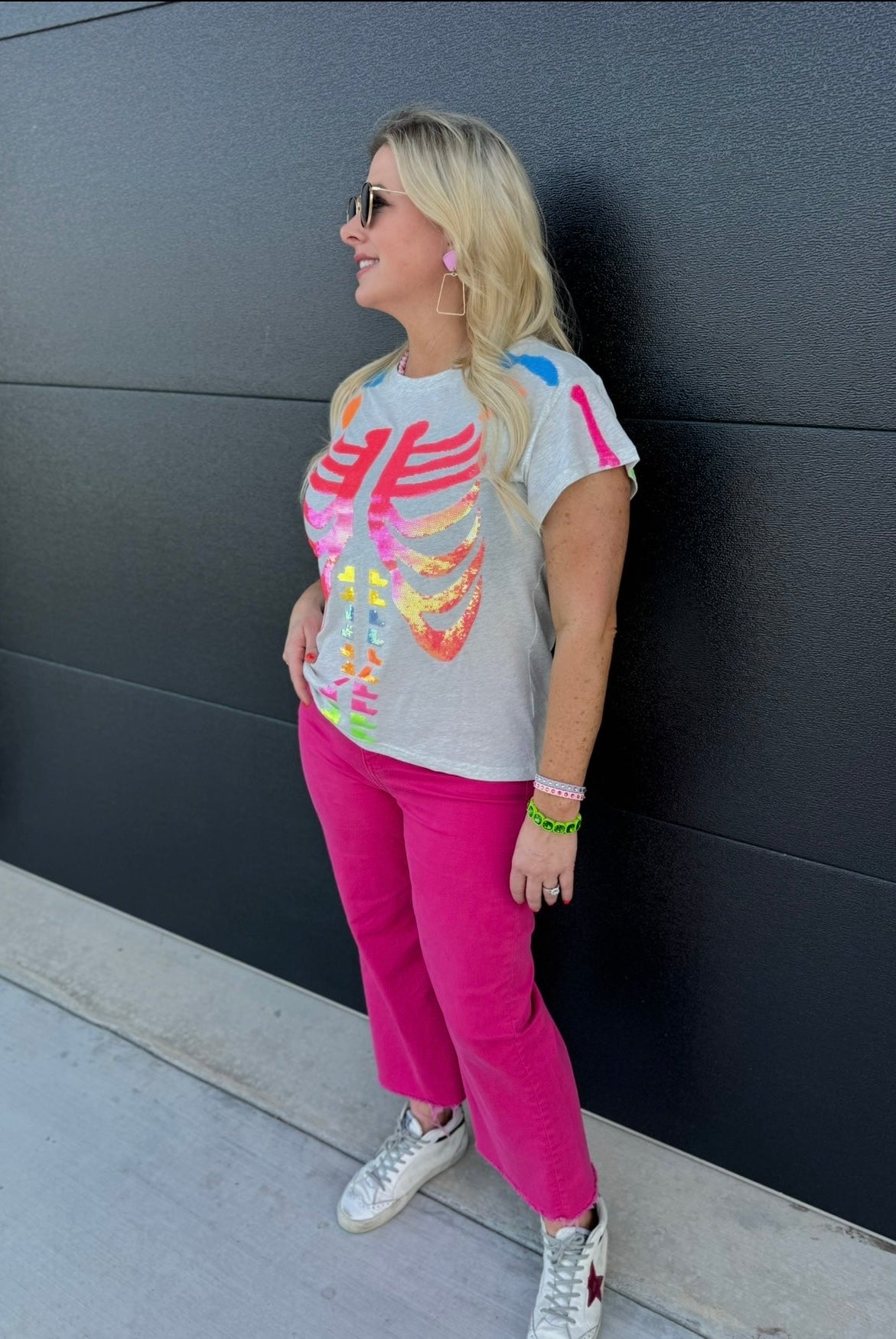 QUEEN OF SPARKLES GREY MULTI SKELETON TEE - Tops