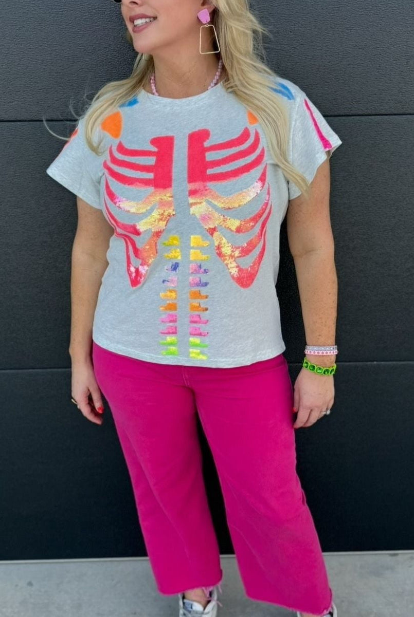 QUEEN OF SPARKLES GREY MULTI SKELETON TEE - Tops