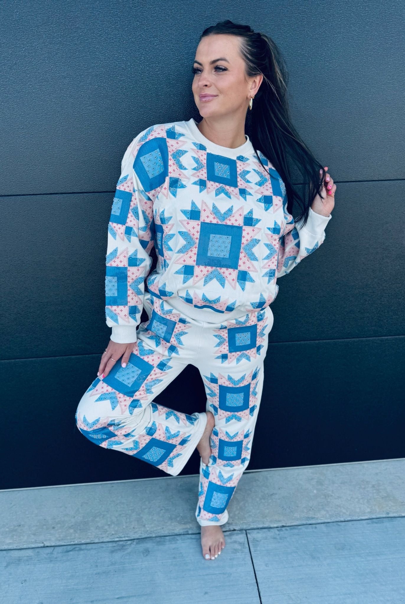 QUEEN OF SPARKLES IVORY,BLUE & LIGHT PINK PATCH SWEAT PANT - Bottoms