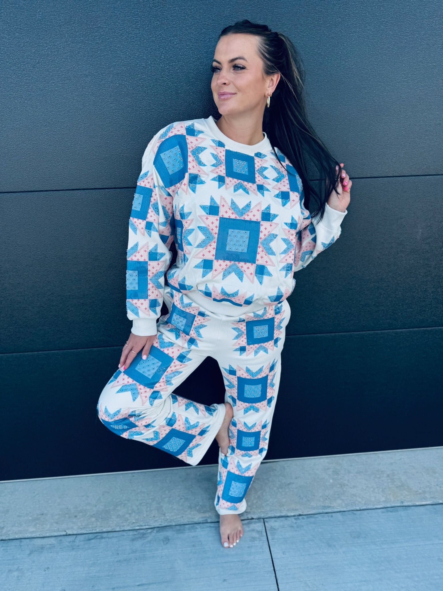 QUEEN OF SPARKLES IVORY,BLUE & LIGHT PINK PATCH SWEAT PANT - Bottoms