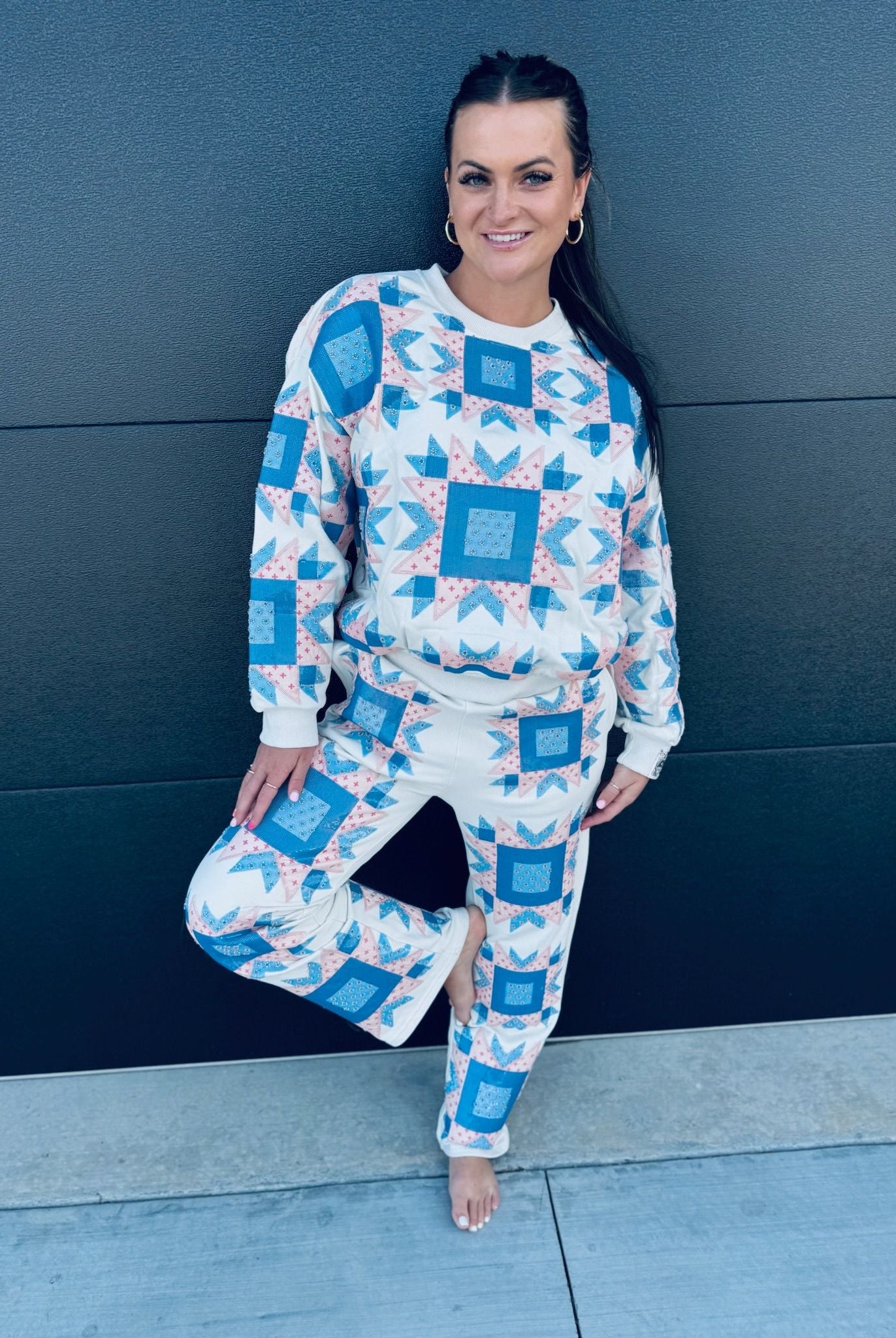 QUEEN OF SPARKLES IVORY,BLUE & LIGHT PINK PATCH SWEAT PANT - Bottoms